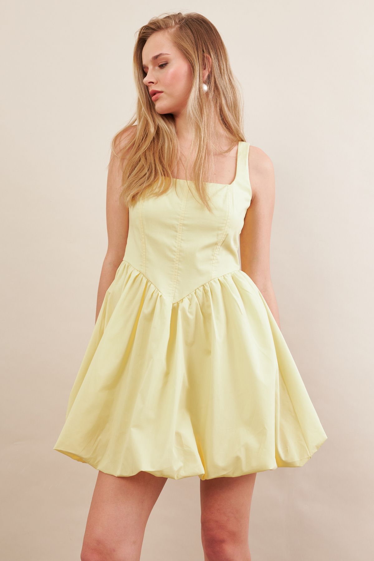 Cool & Sexy Kadın Sarı Askılı Mini Balon Elbise ERL105