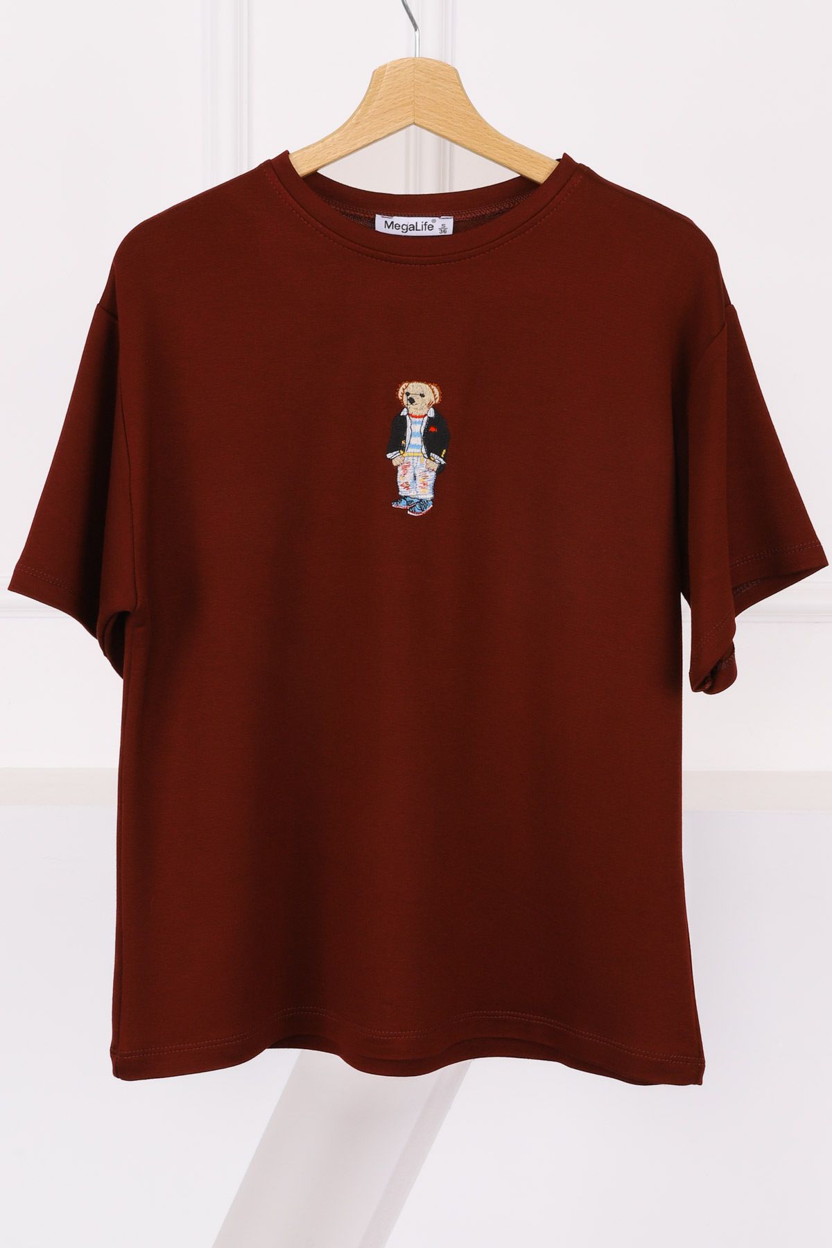 İmajButik Bordo Nakışlı Modal Kısa Kol T-Shirt