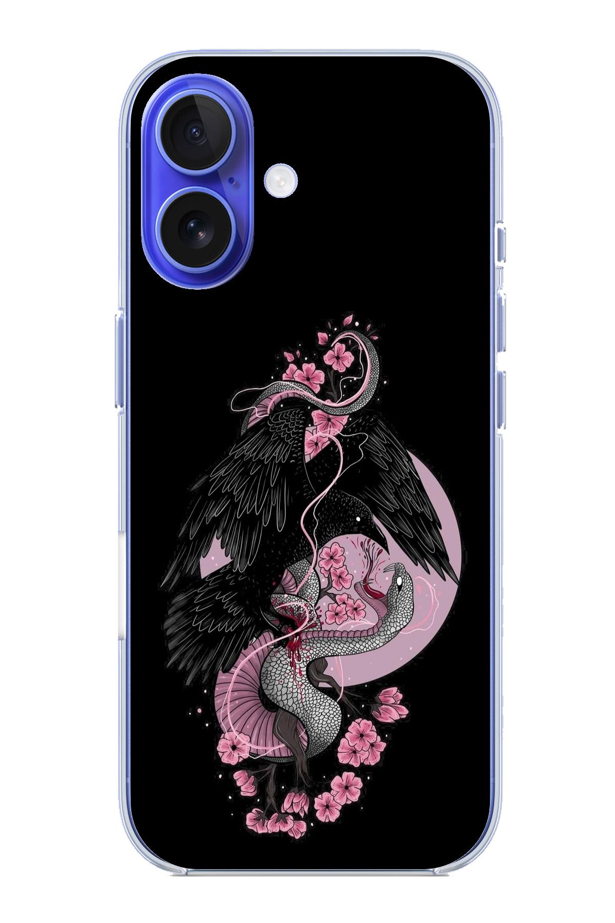 TechTree iPhone 16 Uyumlu Pembe Siyah Yılan Şeffaf Silikon Kılıf