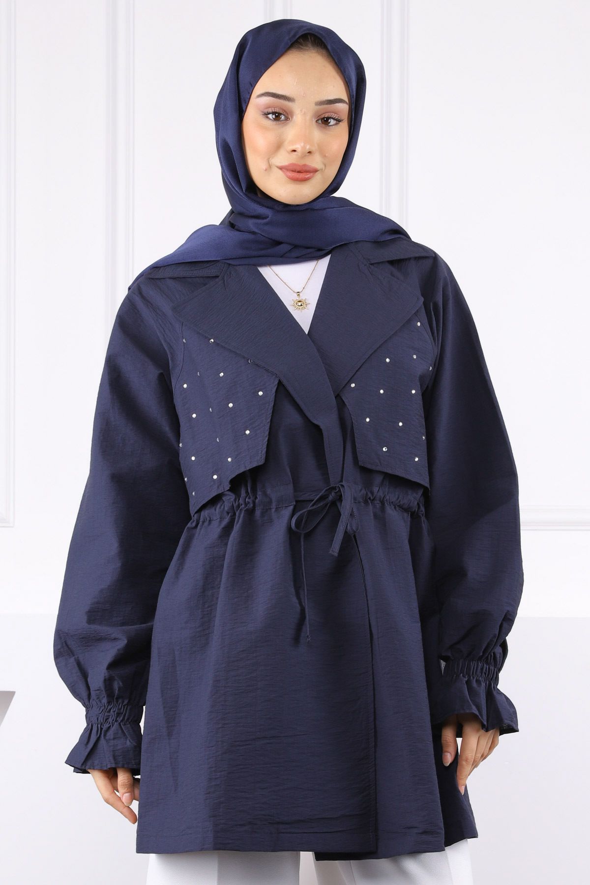 İmajButik Lacivert Kruvaze Yaka Önü Taşlı Ceket