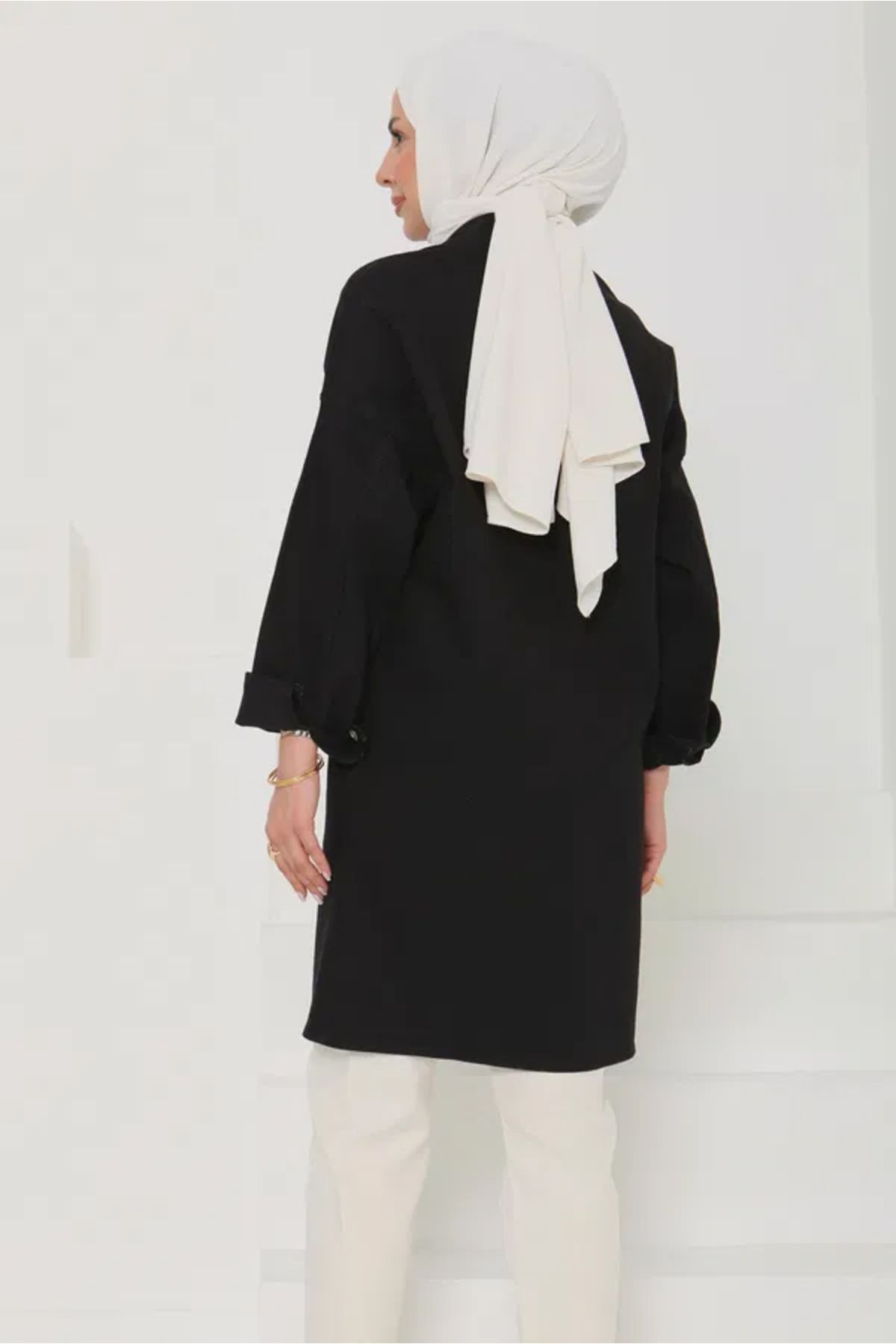 Butik Kadın Oversize Kuş Gözü Cepli Kot Ceket