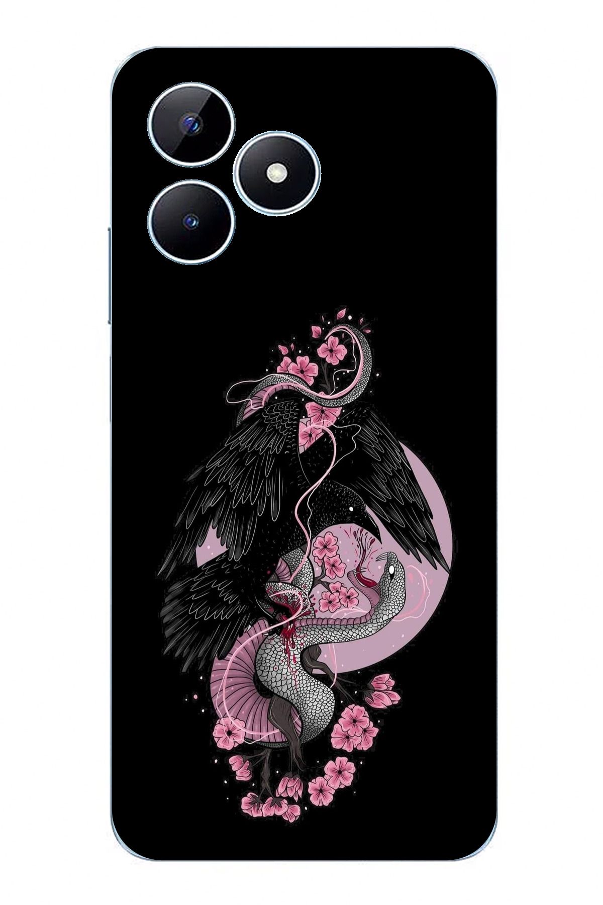 TechTree Realme Note 50 Uyumlu Pembe Siyah Yılan Şeffaf Silikon Kılıf