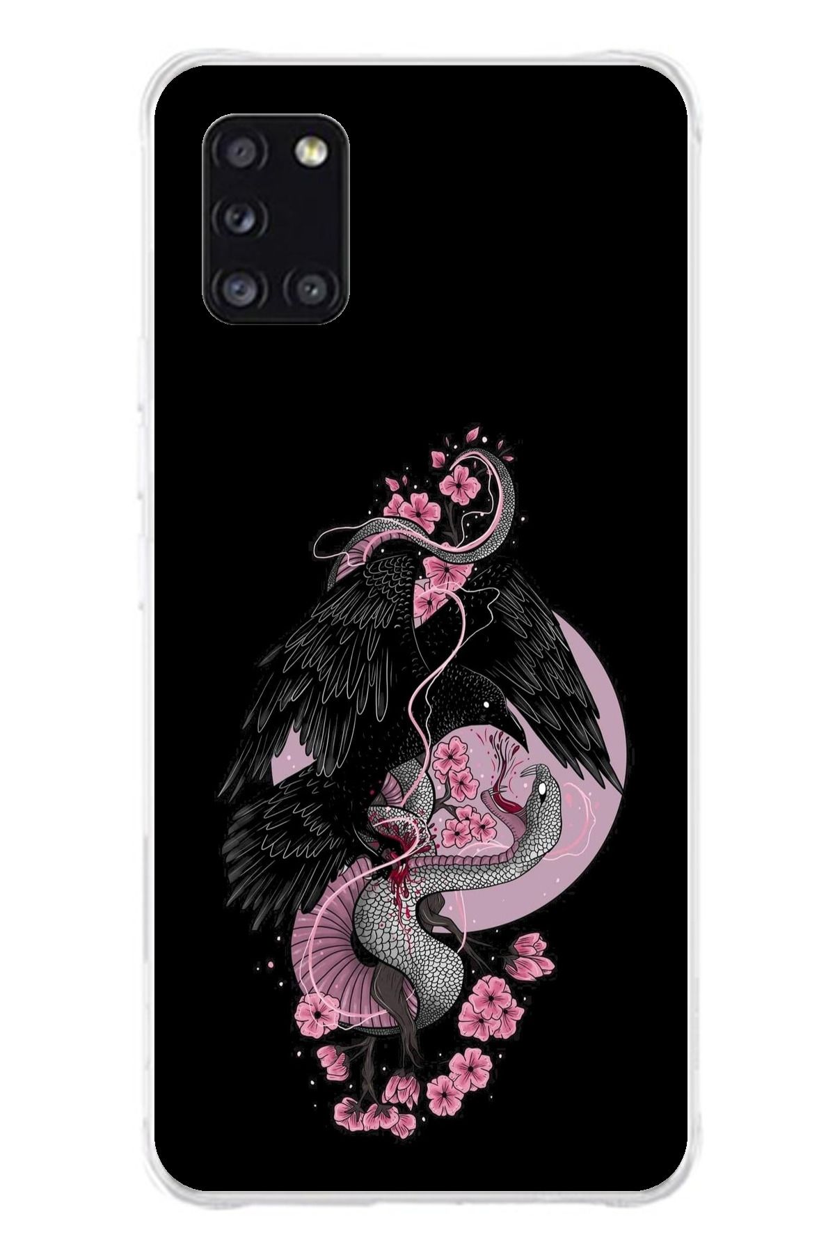TechTree Samsung Galaxy A31 Uyumlu Pembe Siyah Yılan Şeffaf Silikon Kılıf