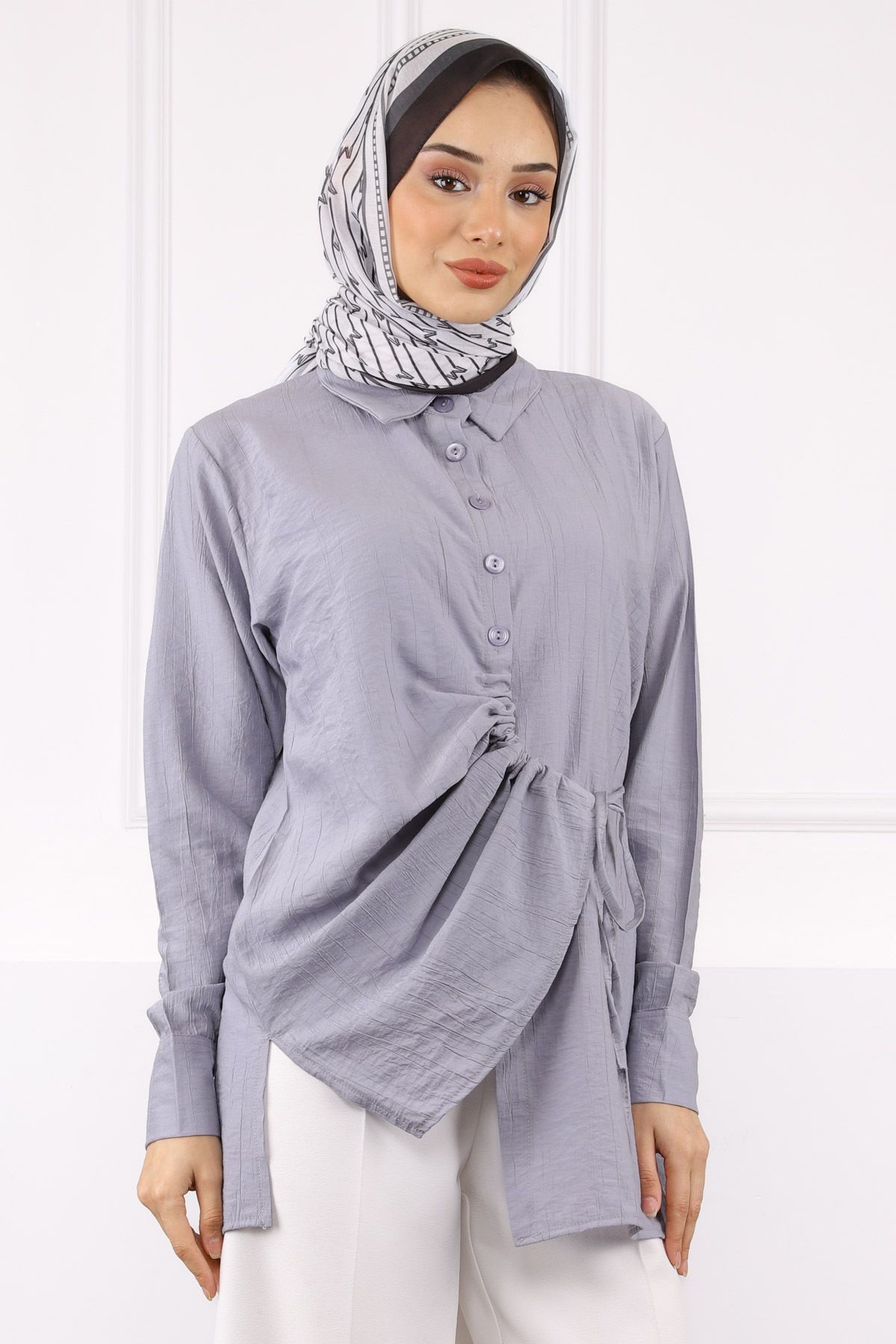 İmajButik Gri Yan Bağlamalı Düğmeli Gömlek