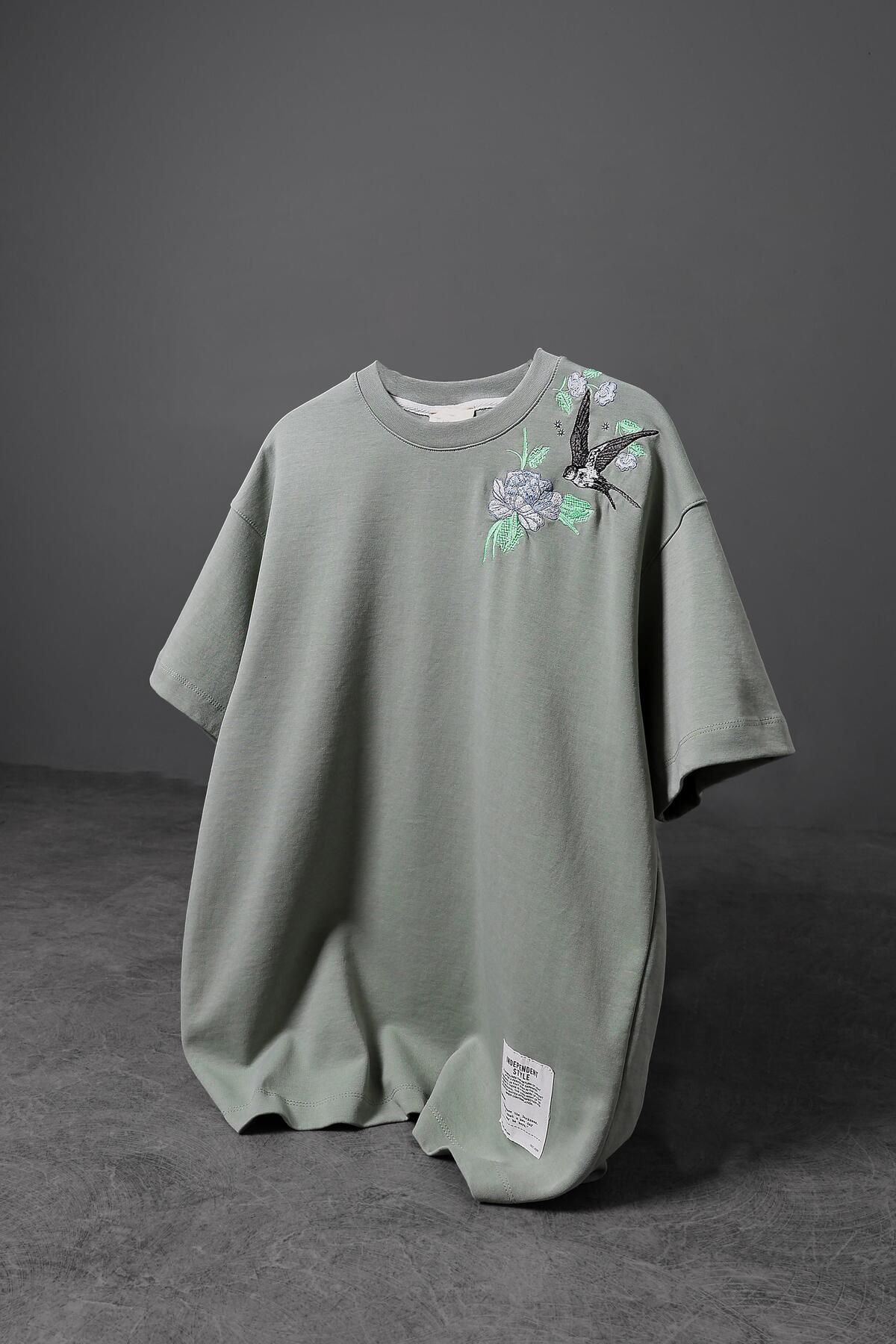 Slatra Erkek Yeşil Flowers Nakış Oversize Tshirt