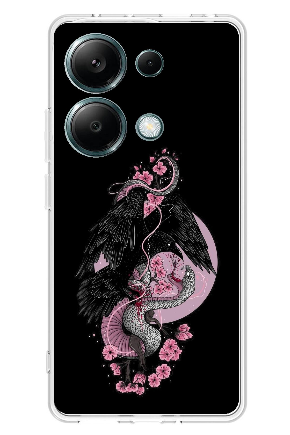 TechTree Redmi Note 13 PRO 4G Uyumlu Pembe Siyah Yılan Şeffaf Silikon Kılıf