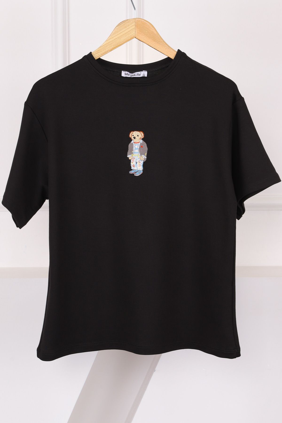 İmajButik Siyah Nakışlı Modal Kısa Kol T-Shirt