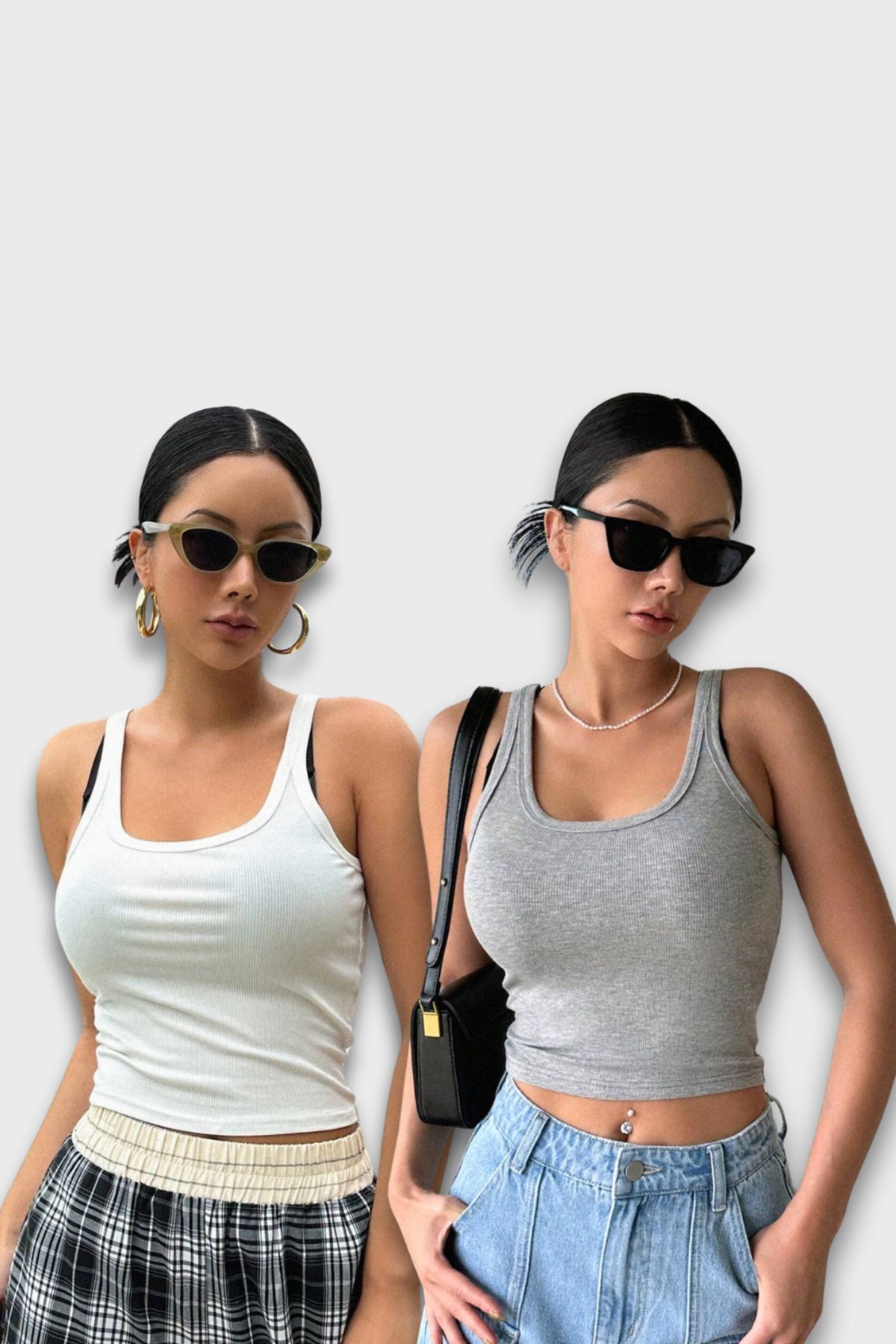 MADALİNA Kadın 2Lİ Paket Beyaz Gri Geniş Askı Bluz