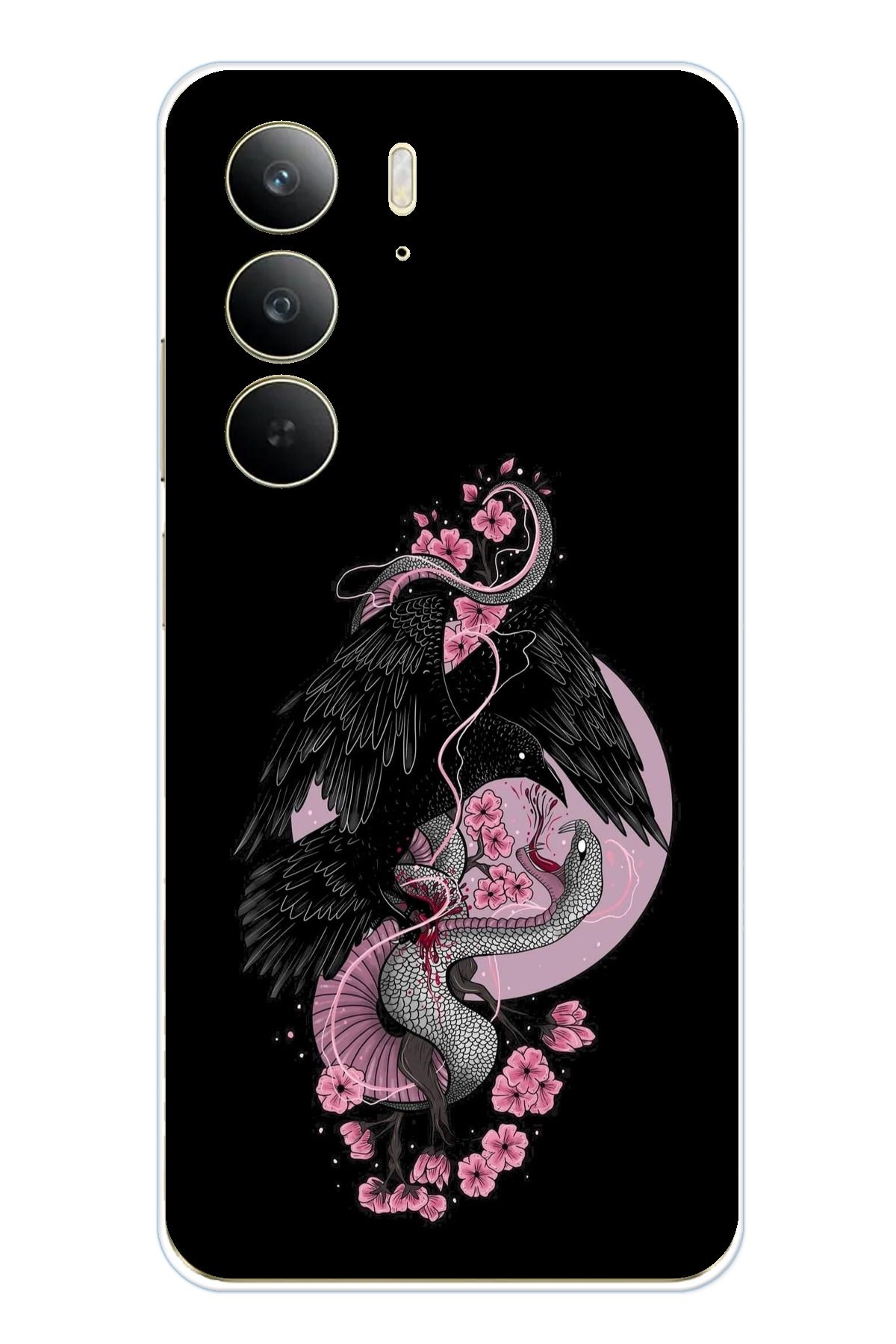 TechTree Realme C75 Uyumlu Pembe Siyah Yılan Şeffaf Silikon Kılıf
