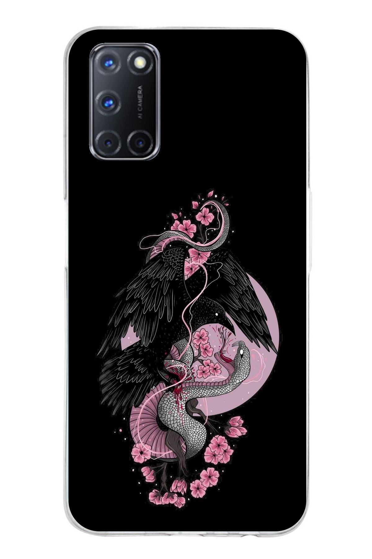 TechTree OPPO A52 - A72 - A92 Uyumlu Pembe Siyah Yılan Şeffaf Silikon Kılıf