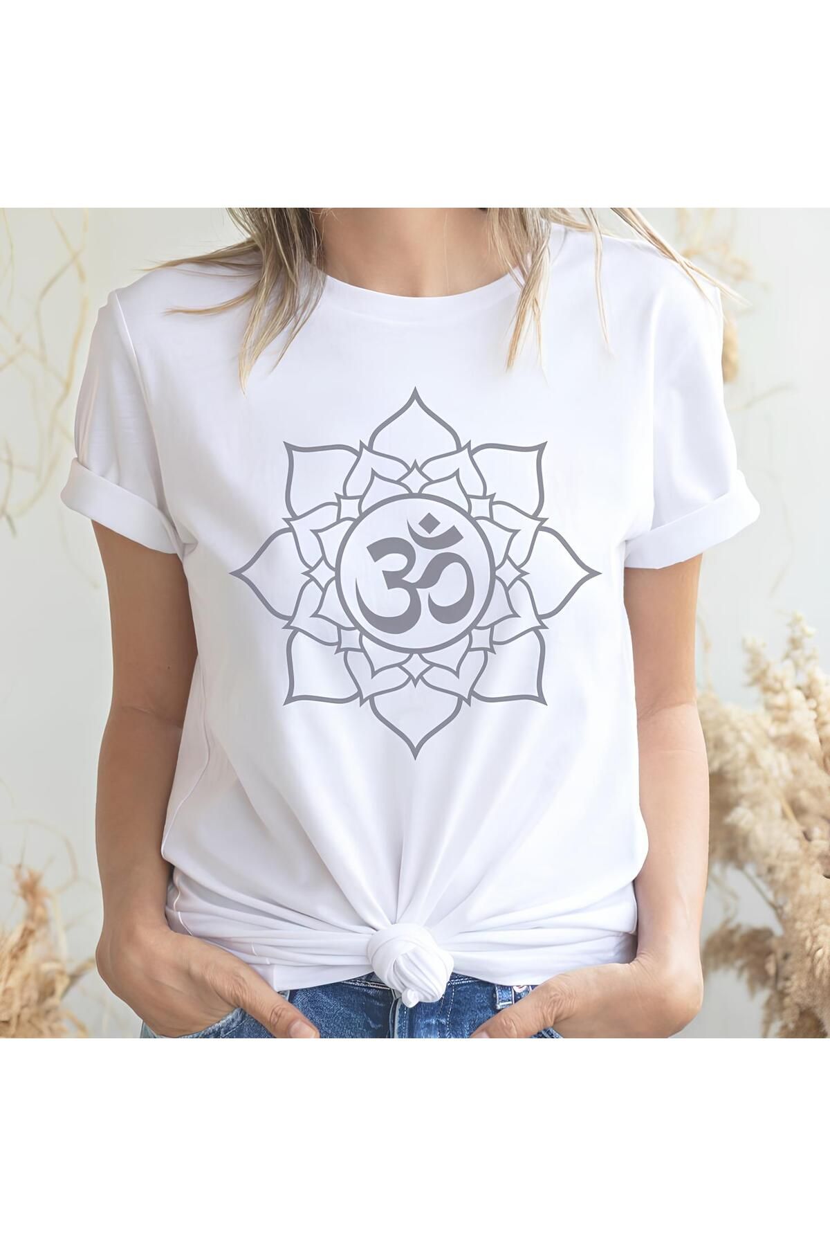 MAGORS CHAKRA MANDALA YOGA BASKILI BİSİKLET YAKA PAMUKLU KISA KOLLU KADIN TSHIRT