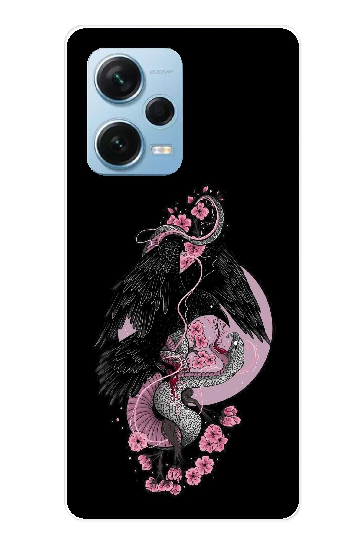 TechTree Redmi Note 12 PRO 5G Uyumlu Pembe Siyah Yılan Şeffaf Silikon Kılıf