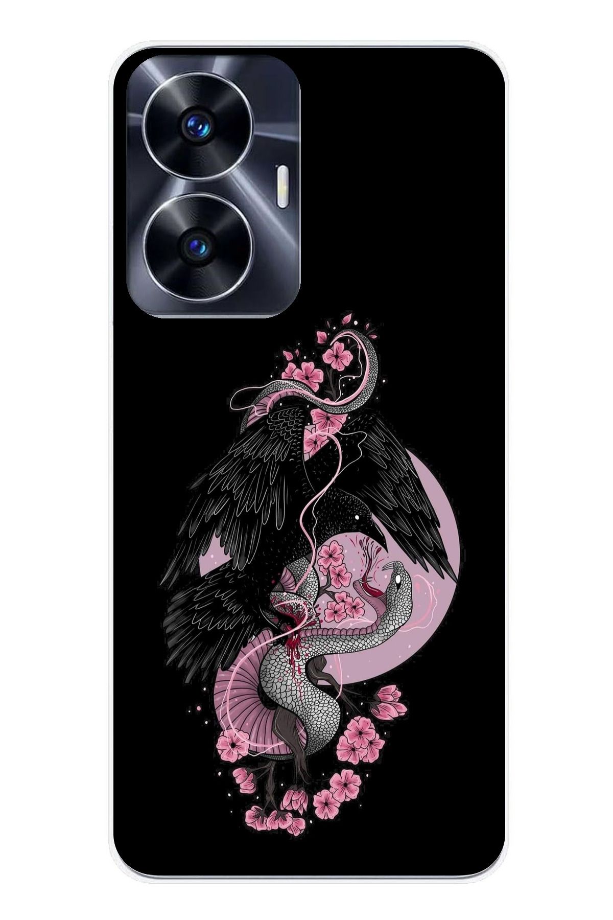 TechTree Realme C55 Uyumlu Pembe Siyah Yılan Şeffaf Silikon Kılıf