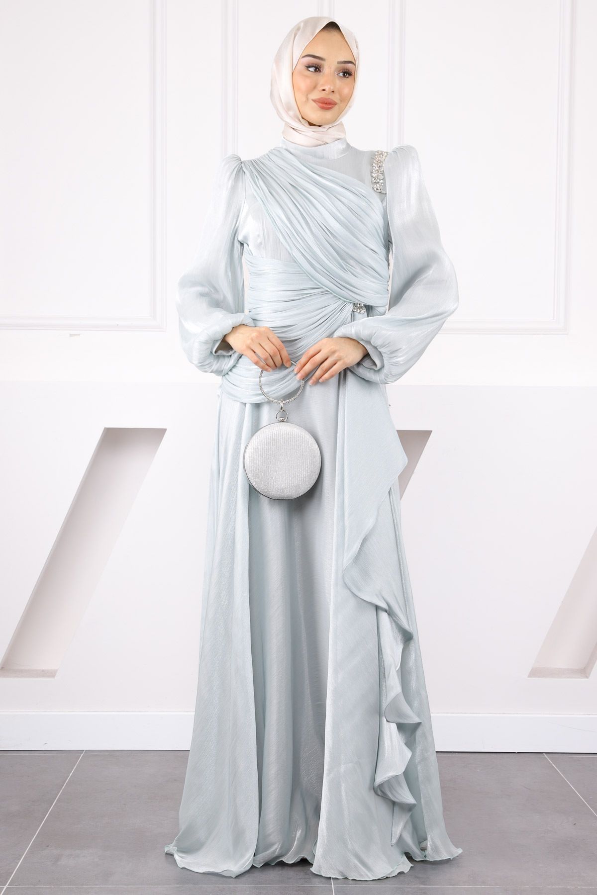 İmajButik Mint Taşlı Drapeli Şifon Abiye