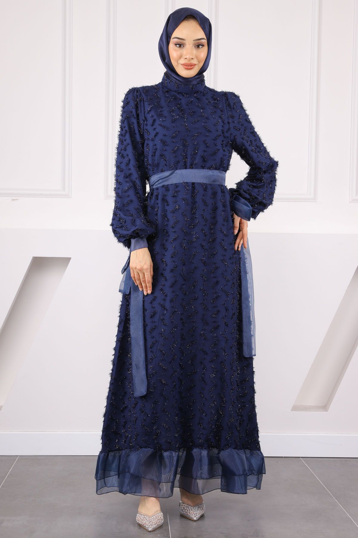 İmajButik Lacivert Kol Bağlamalı Kuşaklı Abiye