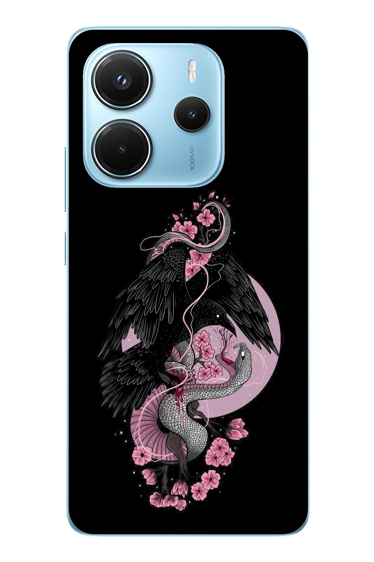 TechTree Redmi Note 14 4G Uyumlu Pembe Siyah Yılan Şeffaf Silikon Kılıf