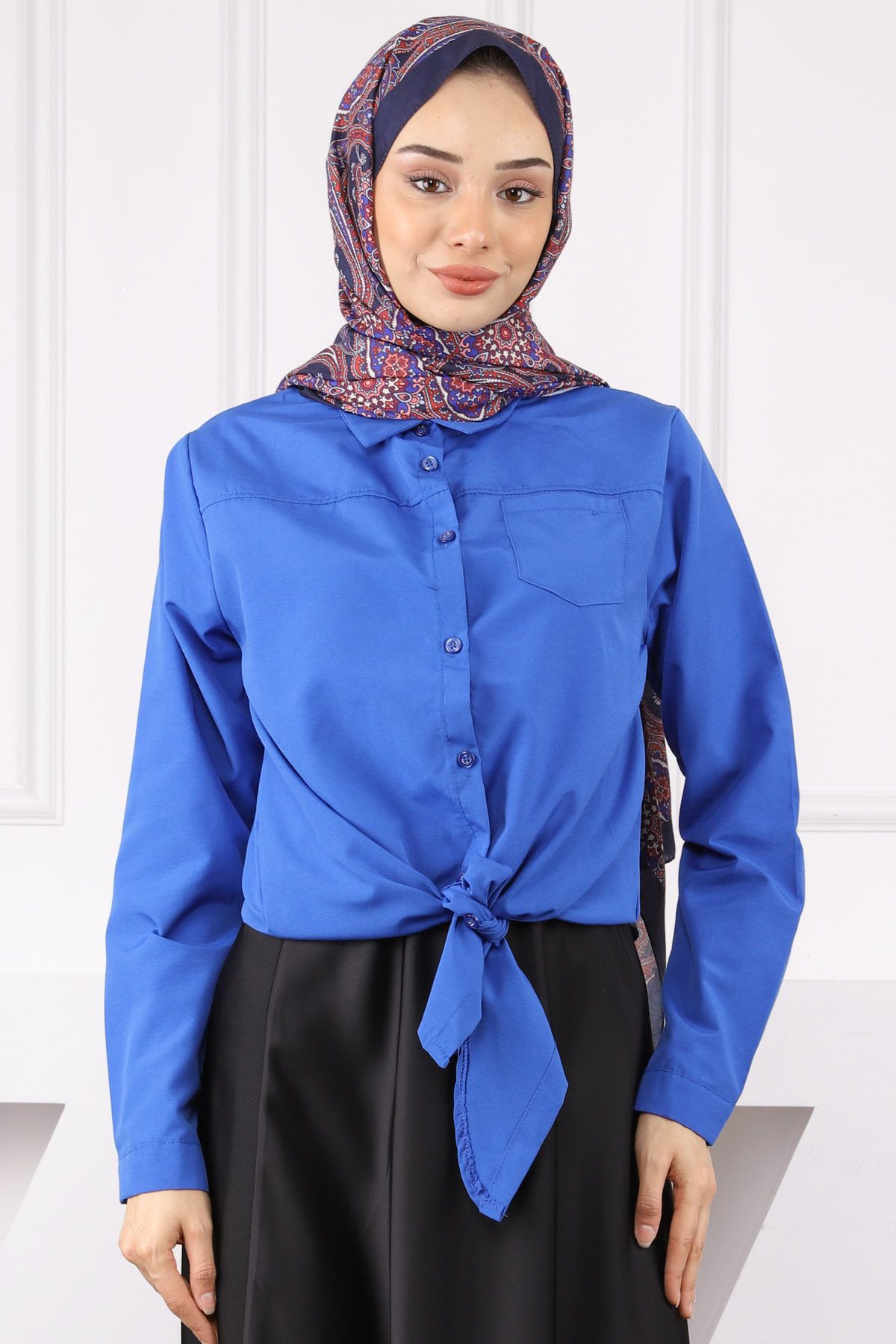 İmajButik Saks Mavi Tek Cepli Ön Bağlamalı Gömlek