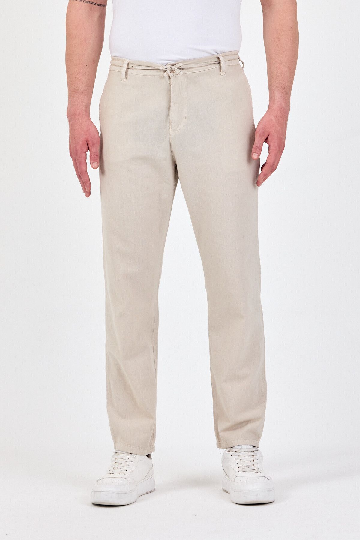 TheSeason Erkek Taş Pamuklu Keten Görünümlü Beli Bağcıklı Relaxed Fit Yazlık Chino Pantolon