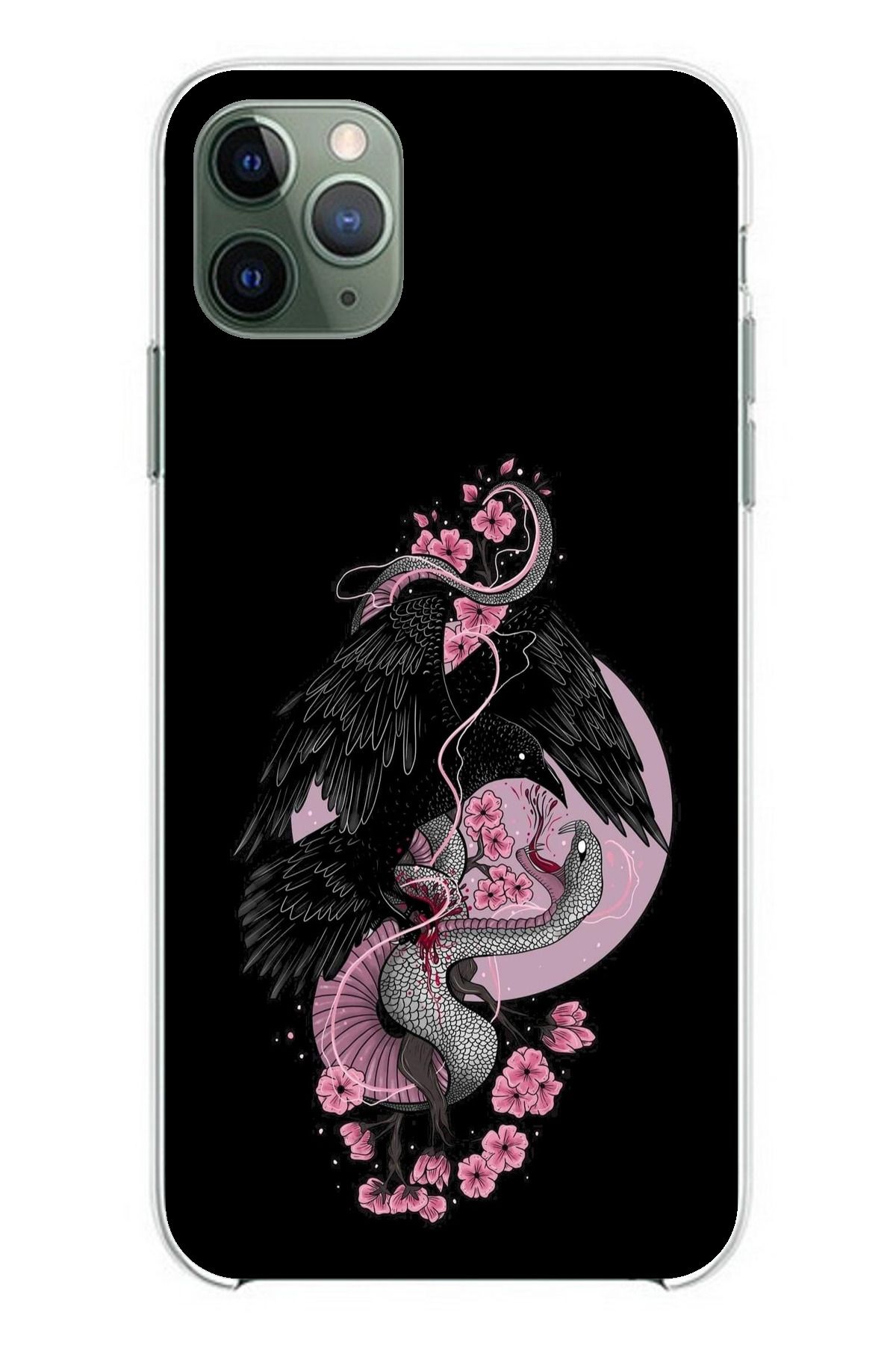 TechTree iPhone 11 PRO MAX Uyumlu Pembe Siyah Yılan Şeffaf Silikon Kılıf