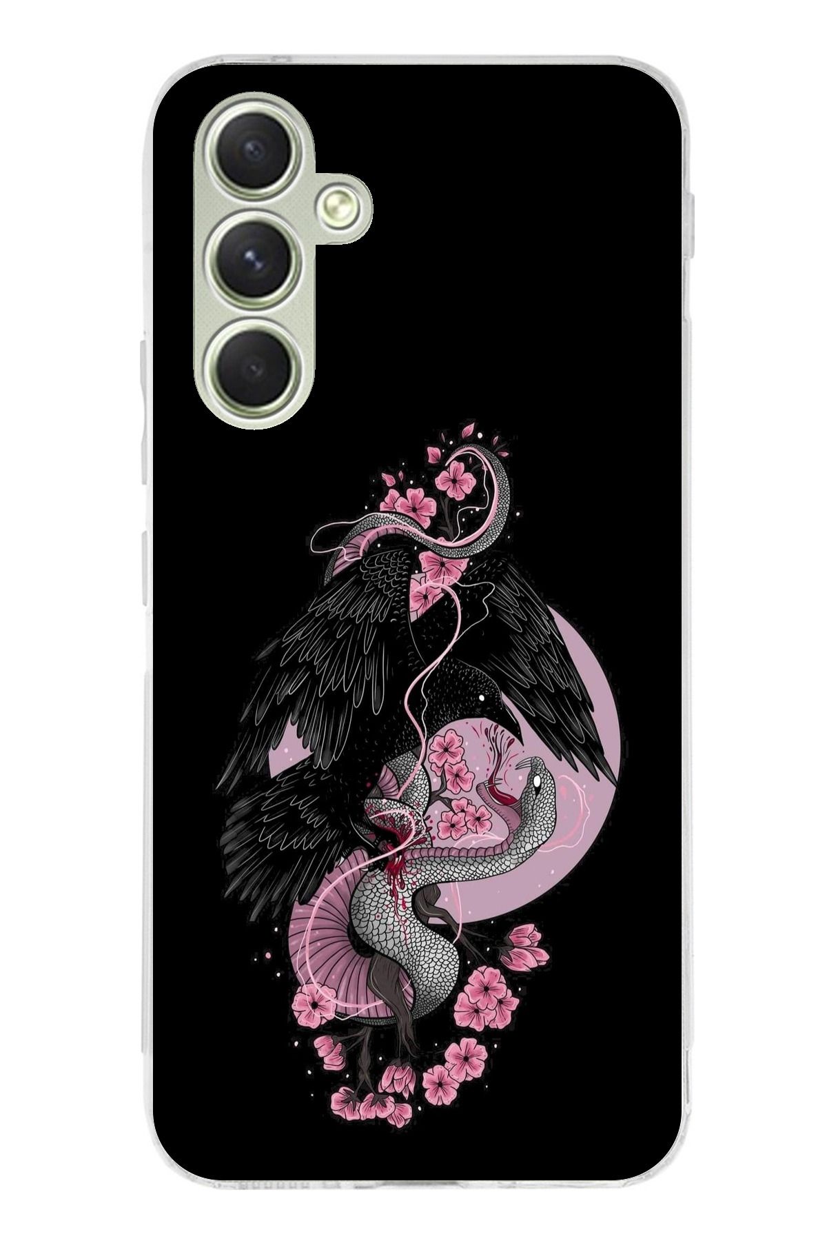 TechTree Samsung Galaxy A15 Uyumlu Pembe Siyah Yılan Şeffaf Silikon Kılıf