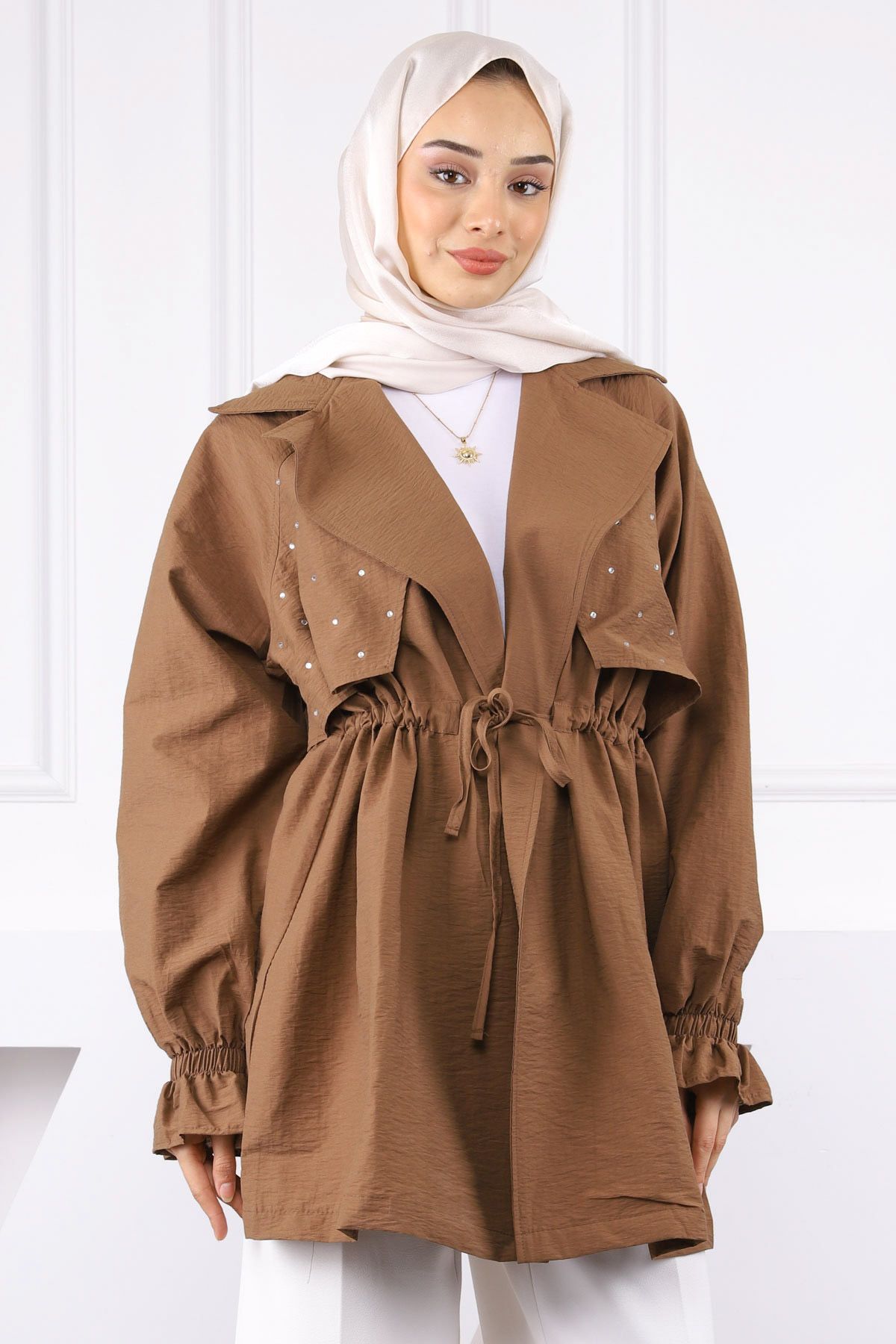 İmajButik Kahverengi Kruvaze Yaka Önü Taşlı Ceket