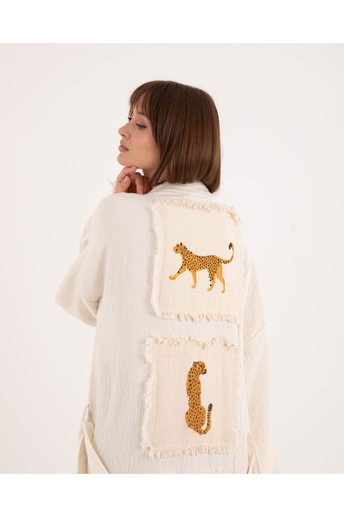 Nily Home Bornoz ,Plaj Elbisesi Kimono , Kaftan ,Sabahlık Leopar Desen Baskılı