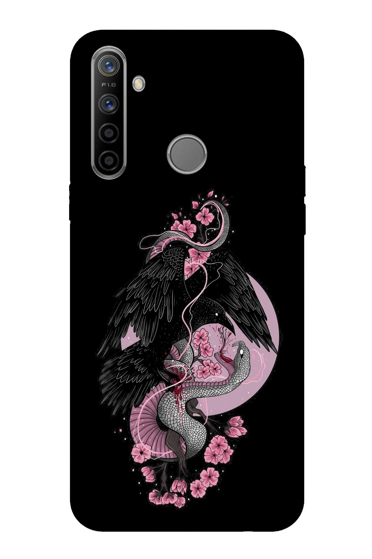 TechTree Realme 5i - 6i - C3 Uyumlu Pembe Siyah Yılan Şeffaf Silikon Kılıf