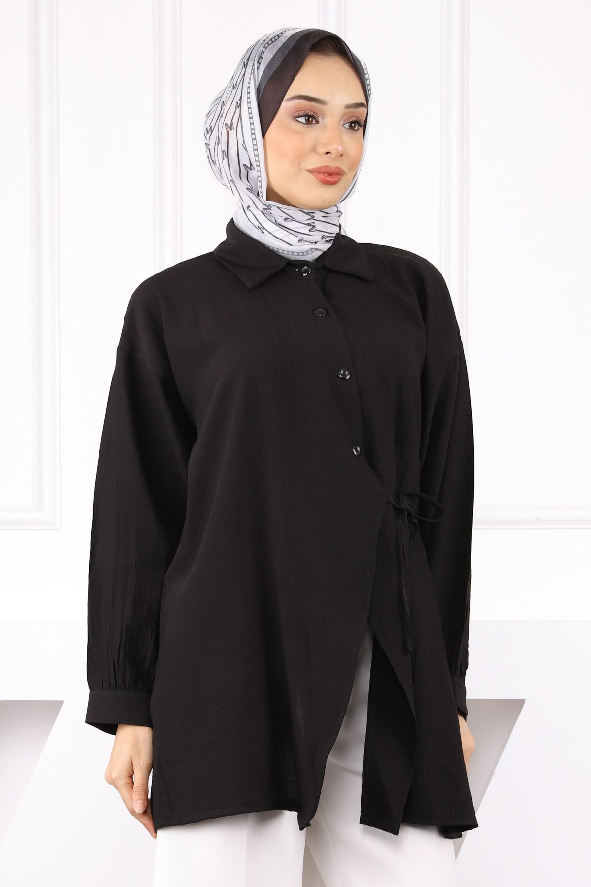 İmajButik Siyah Yandan Bağlamalı Gömlek