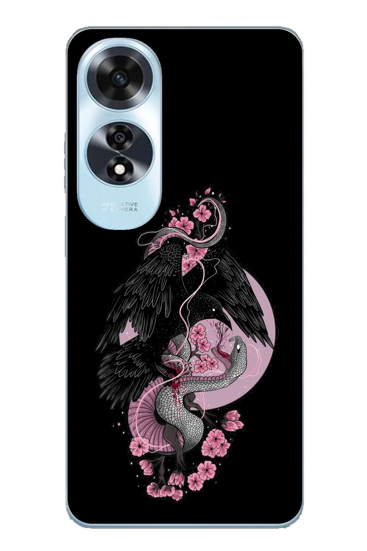 TechTree OPPO A60 Uyumlu Pembe Siyah Yılan Şeffaf Silikon Kılıf