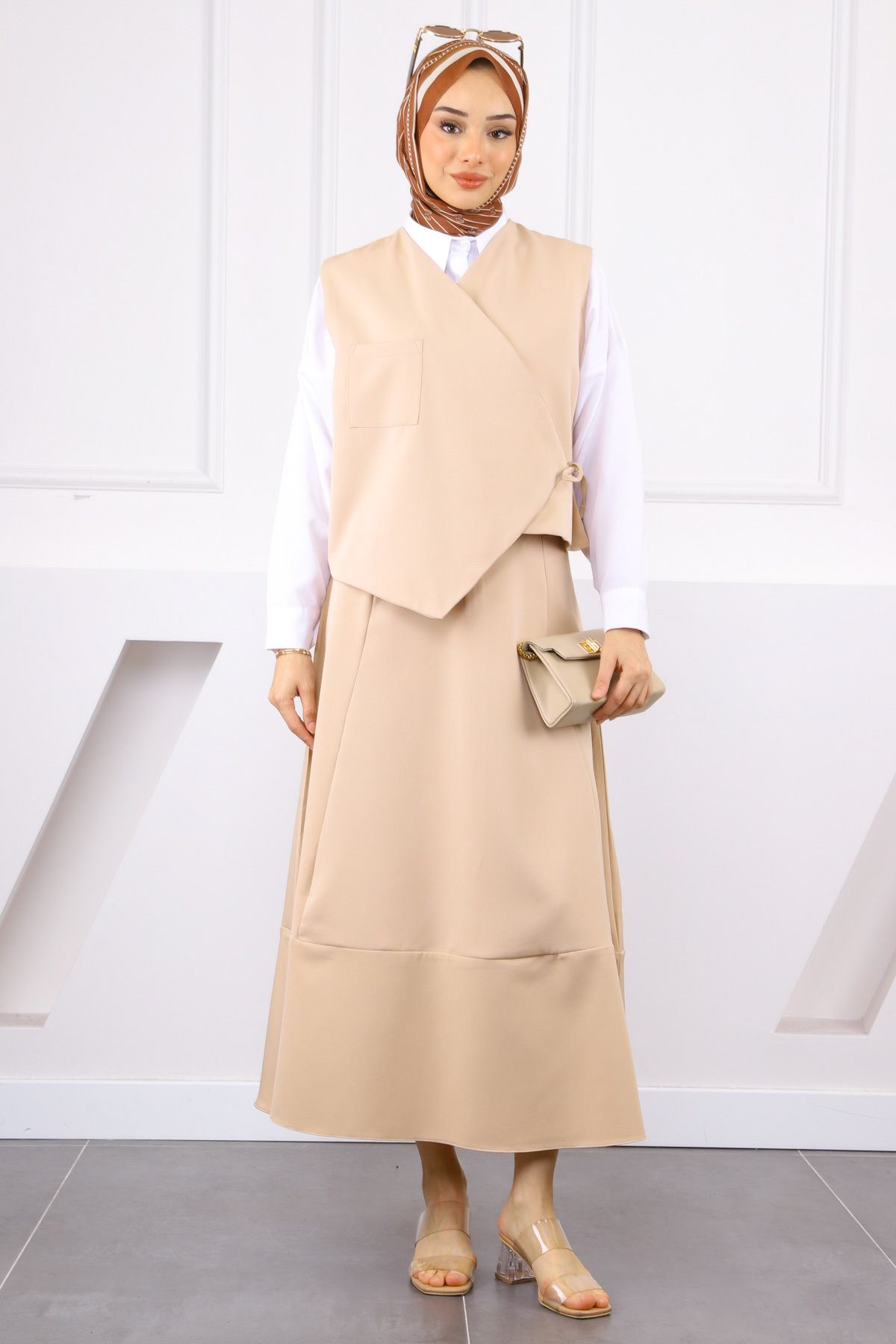 İmajButik Bej Tek Cepli Yelek Etekli Takım