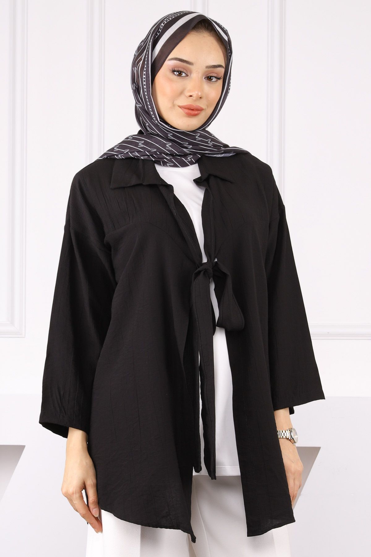 İmajButik Siyah Ön Bağlamalı İçlikli Kimono 2'li Takım