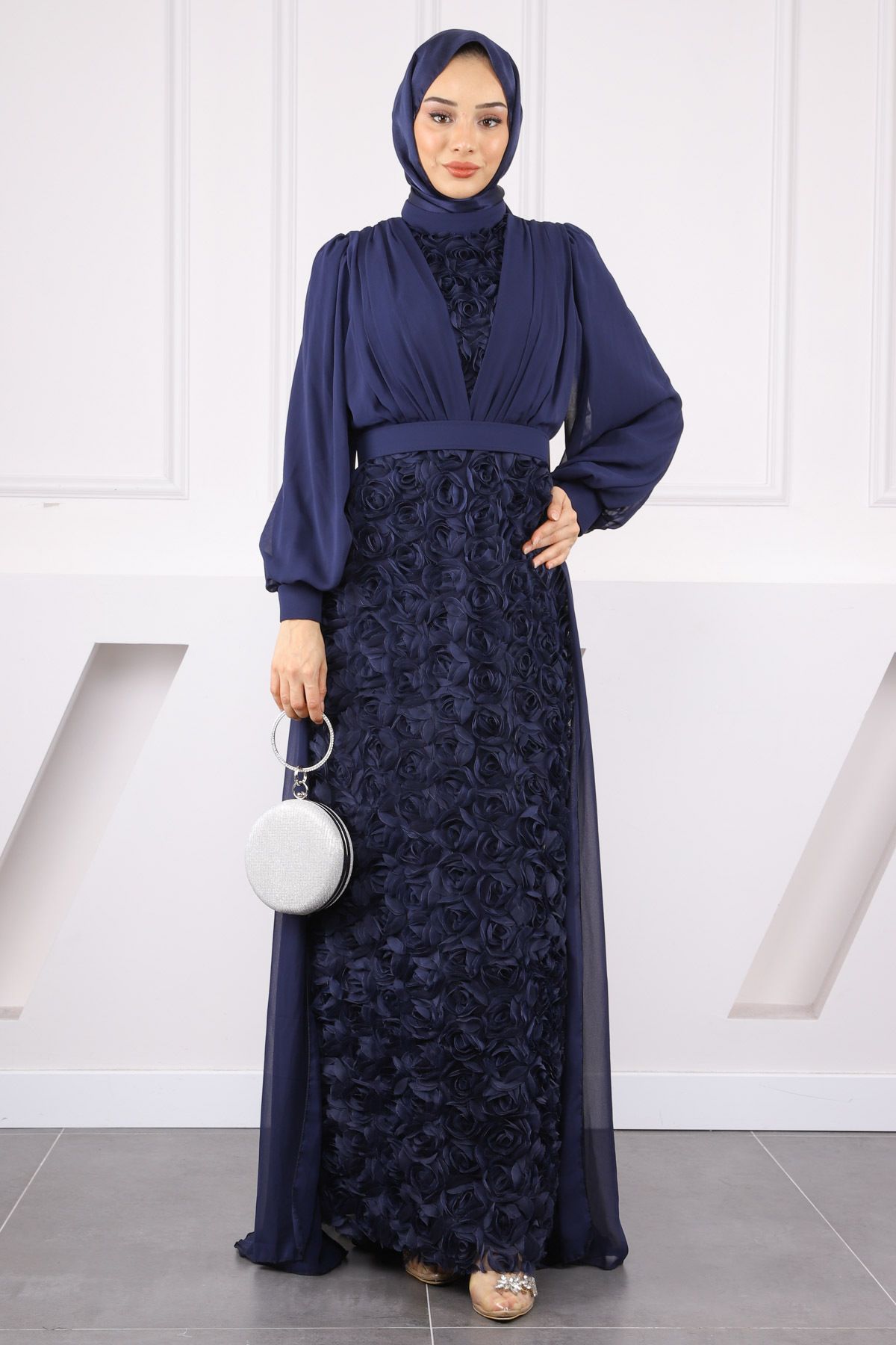 İmajButik Lacivert Şifon Gül Garnili Abiye
