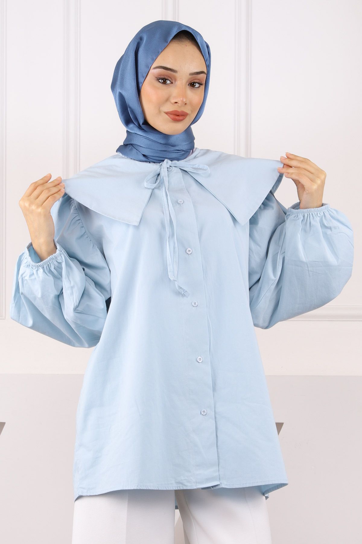 İmajButik Mavi Bebe Yaka Balon Kol Gömlek