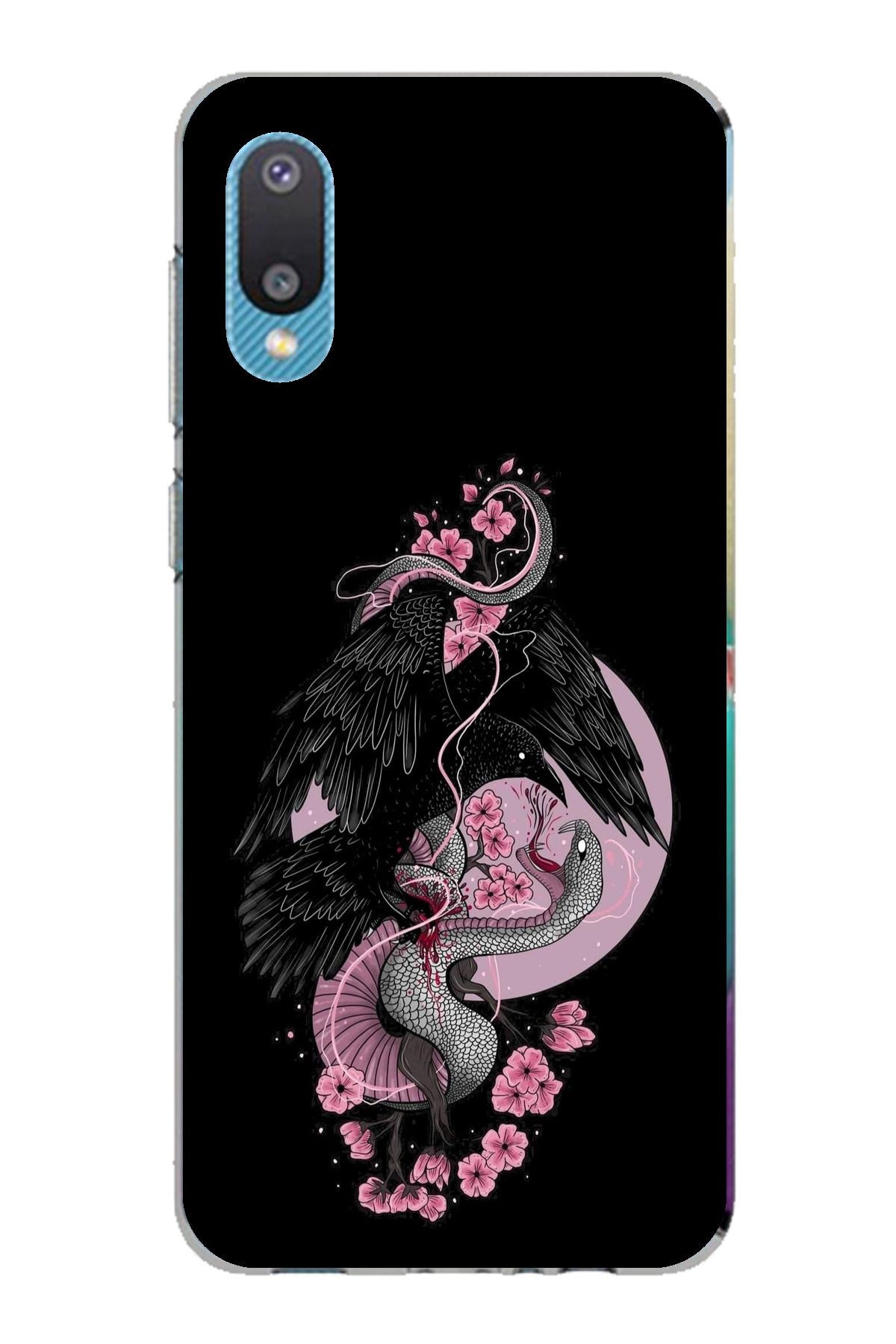 TechTree Samsung Galaxy A02 Uyumlu Pembe Siyah Yılan Şeffaf Silikon Kılıf
