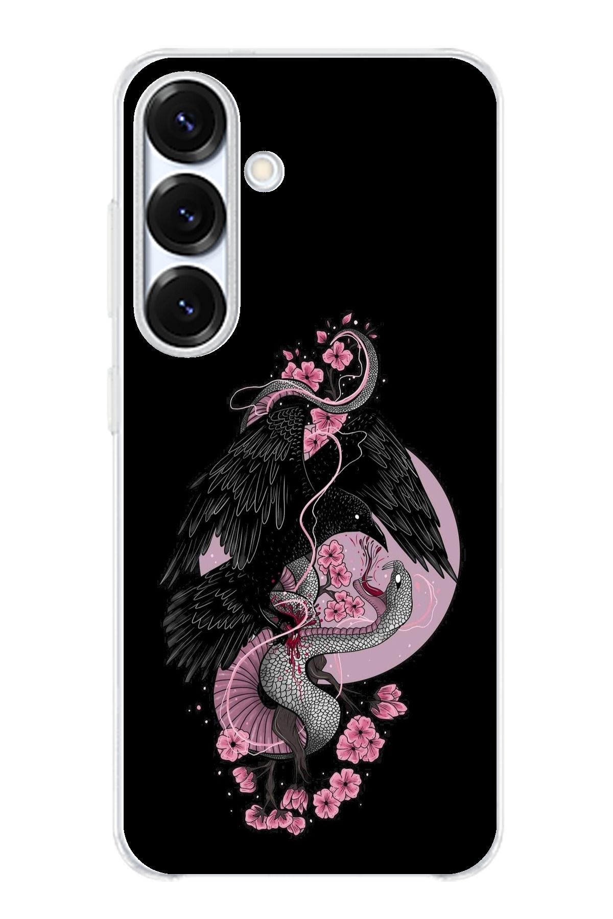TechTree Samsung Galaxy S25 Uyumlu Pembe Siyah Yılan Şeffaf Silikon Kılıf