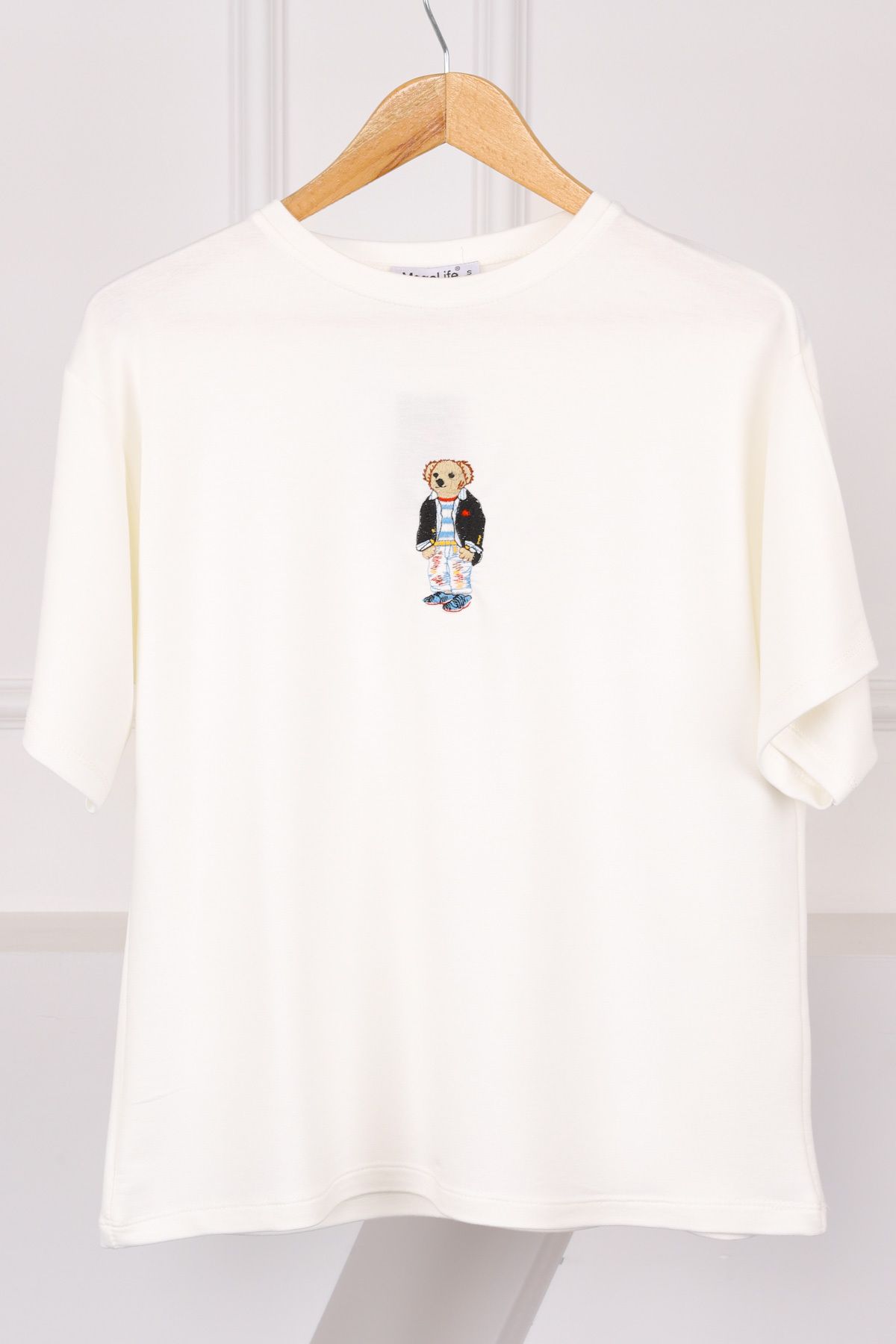 İmajButik Ekru Nakışlı Modal Kısa Kol T-Shirt