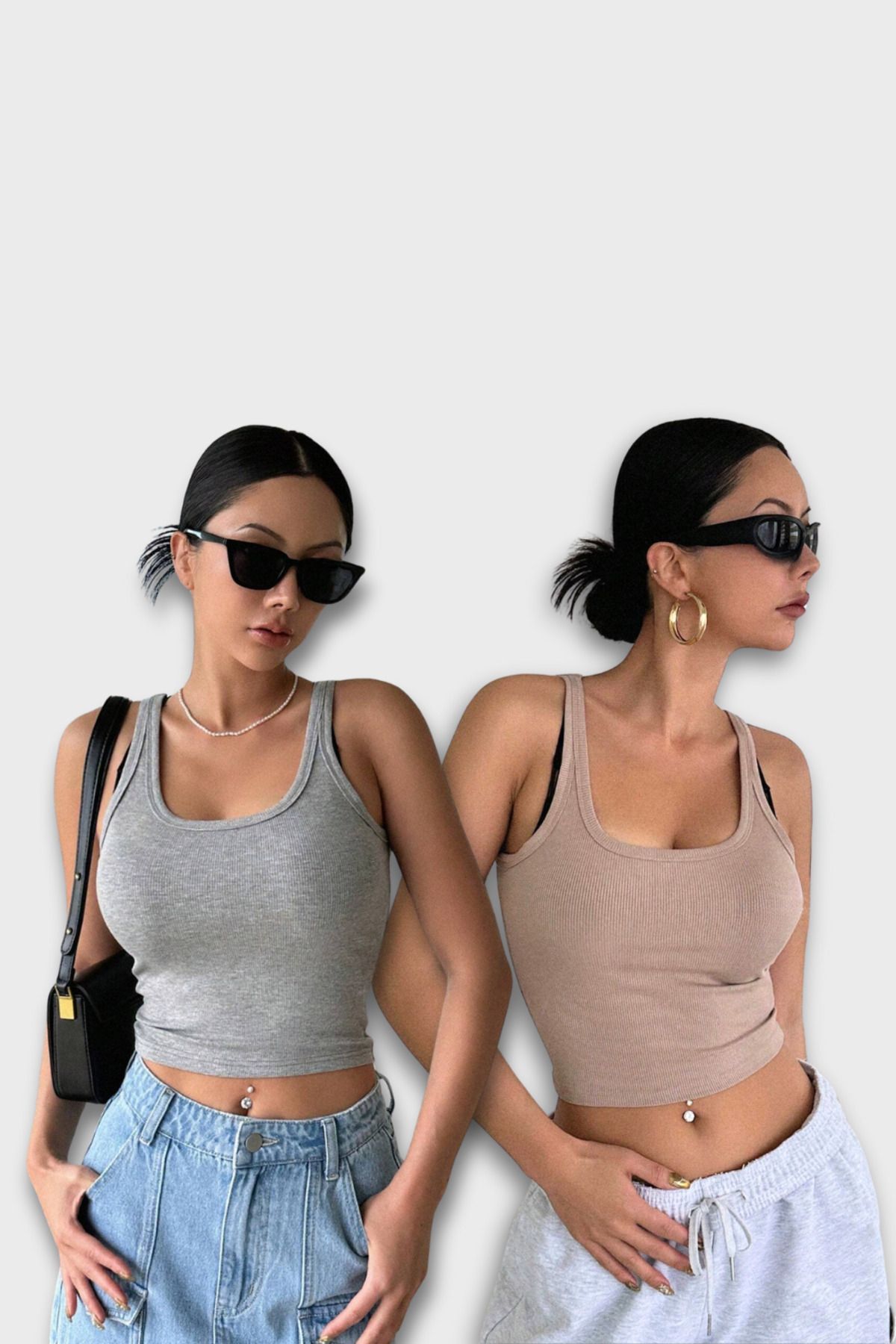 MADALİNA Kadın 2Lİ Paket Gri Bej Geniş Askı Bluz