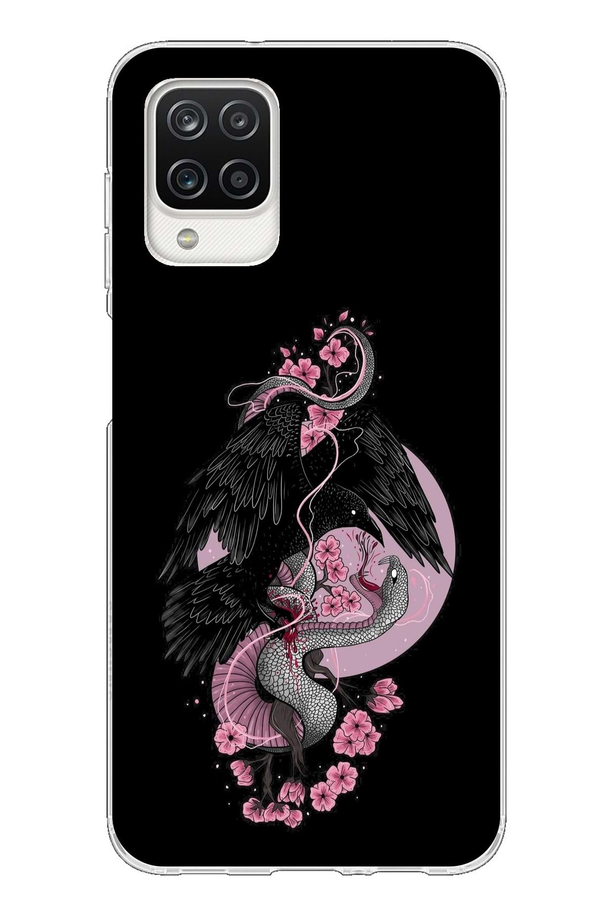 TechTree Samsung Galaxy A12 / M12 Uyumlu Pembe Siyah Yılan Şeffaf Silikon Kılıf