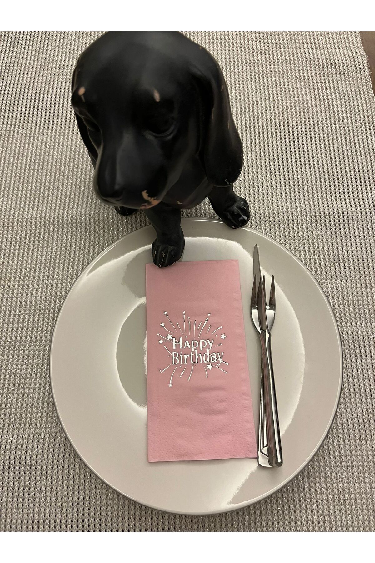 kidspartim Gümüş Yaldızlı Pembe Happy Bırthday Garson Katlama Peçete 16 Adet