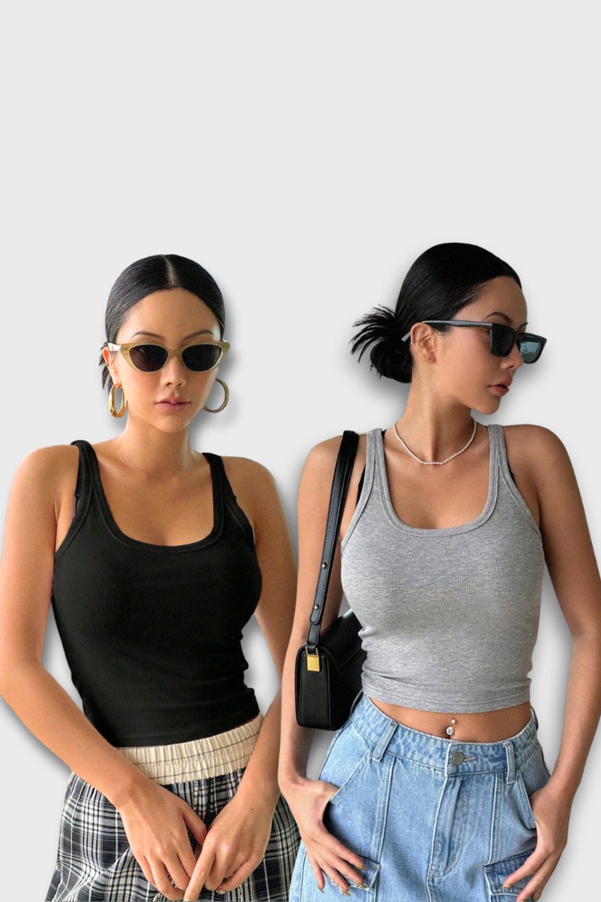 MADALİNA Kadın 2Lİ Paket Siyah Gri Geniş Askı Bluz