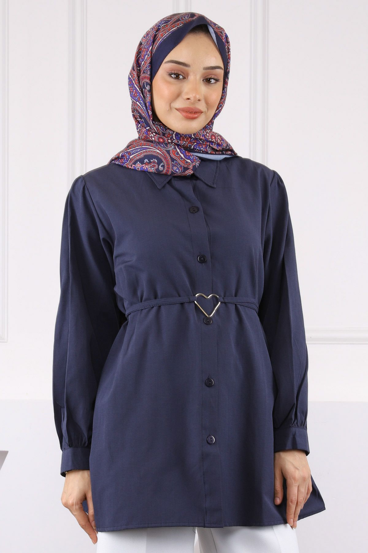 İmajButik Lacivert Kuşaklı Düğmeli Gömlek