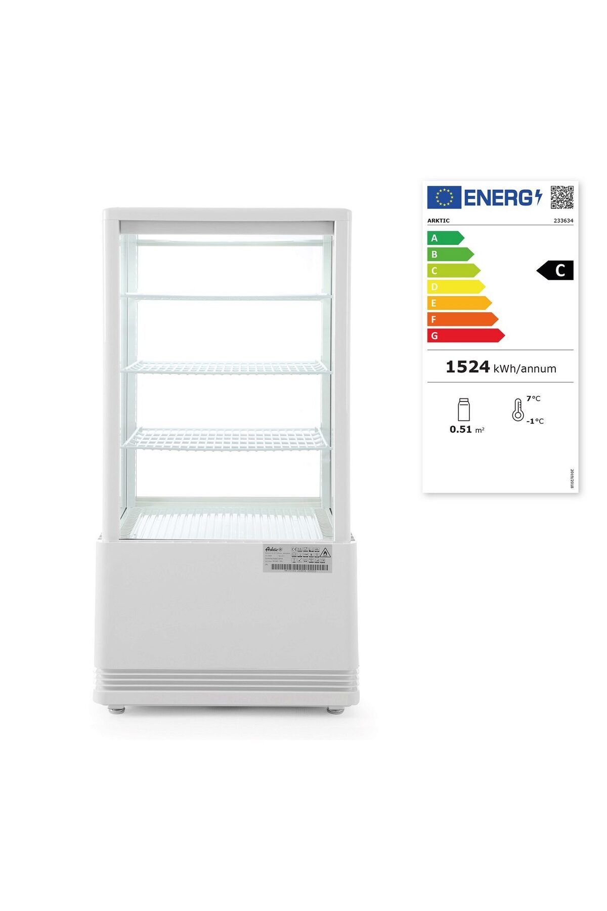 HENDI-Cold display case for presentation, white, 68 lt, temp range 0-12 gr C, 170 W, 3 adjustable shelves on the rail 3