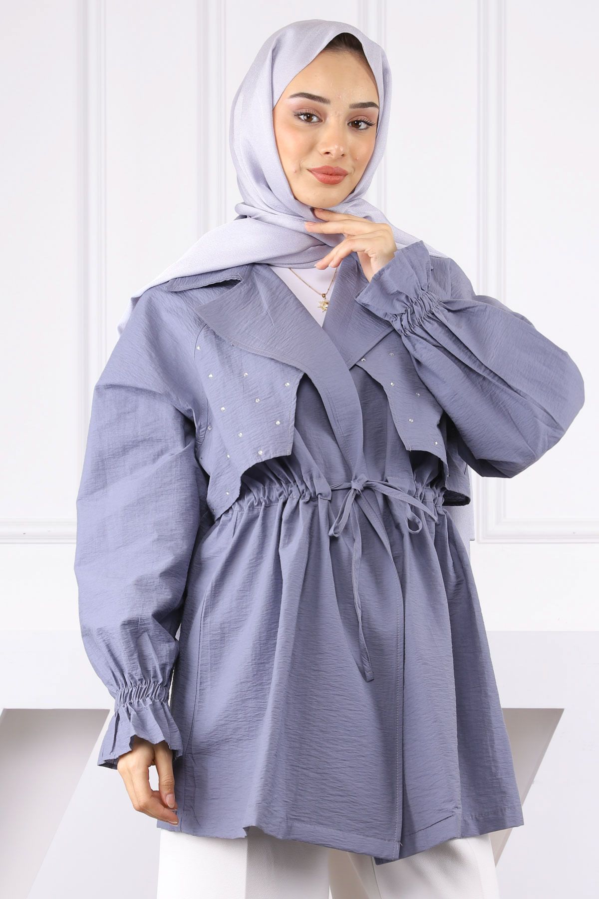 İmajButik Gri Kruvaze Yaka Önü Taşlı Ceket