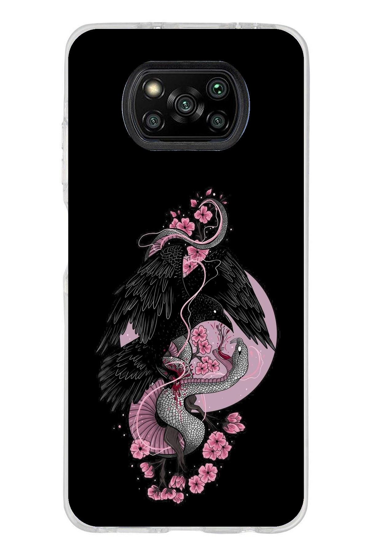 TechTree Poco X3 / NFC / PRO Uyumlu Pembe Siyah Yılan Şeffaf Silikon Kılıf