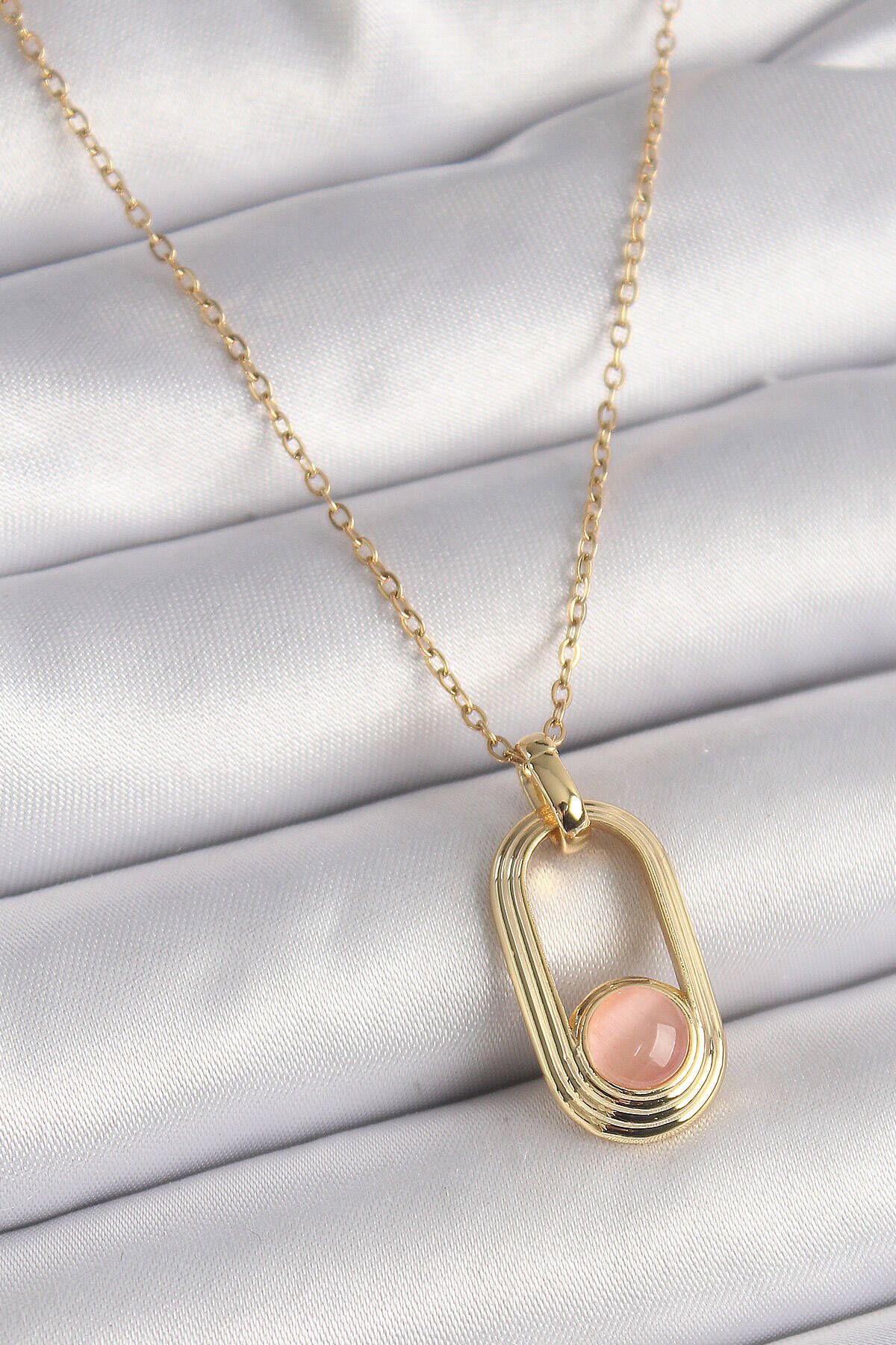 Clariss 316L Çelik Gold Renk Pembe Kedi Göz Model Kadın Kolye