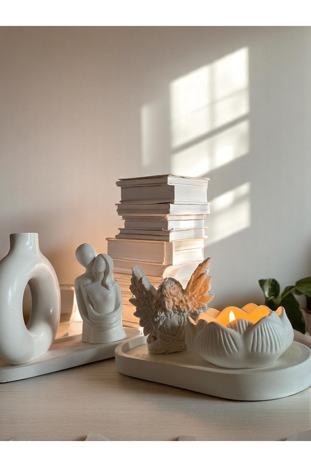 MD HOME ART WHİTE ANGEL MUMLUK VAZO ÇİFT TEPSİ SET DEKOR BİBLO