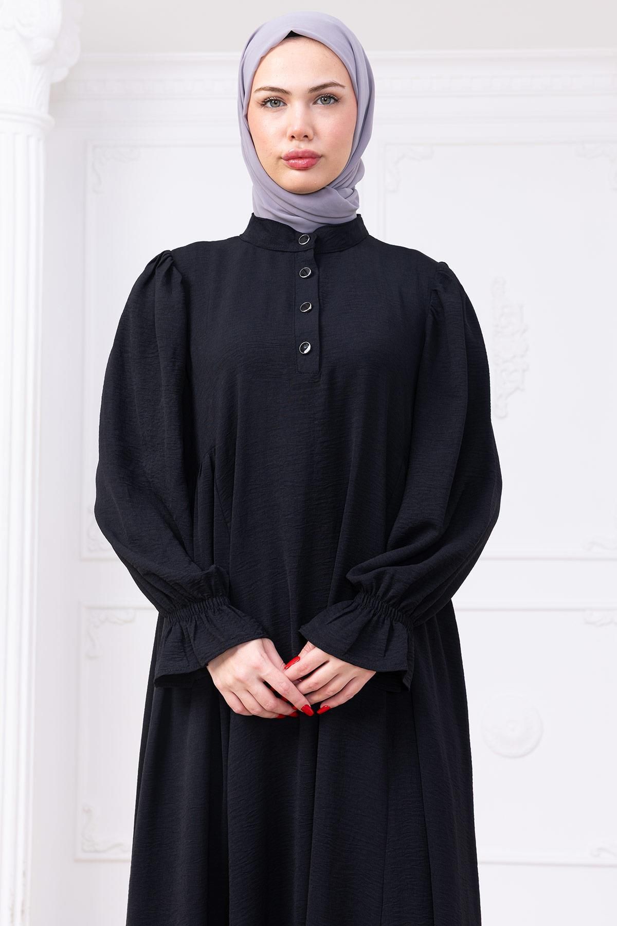hafsamina Kolları Lastikli Eva Tesettür Elbise Siyah HM2758