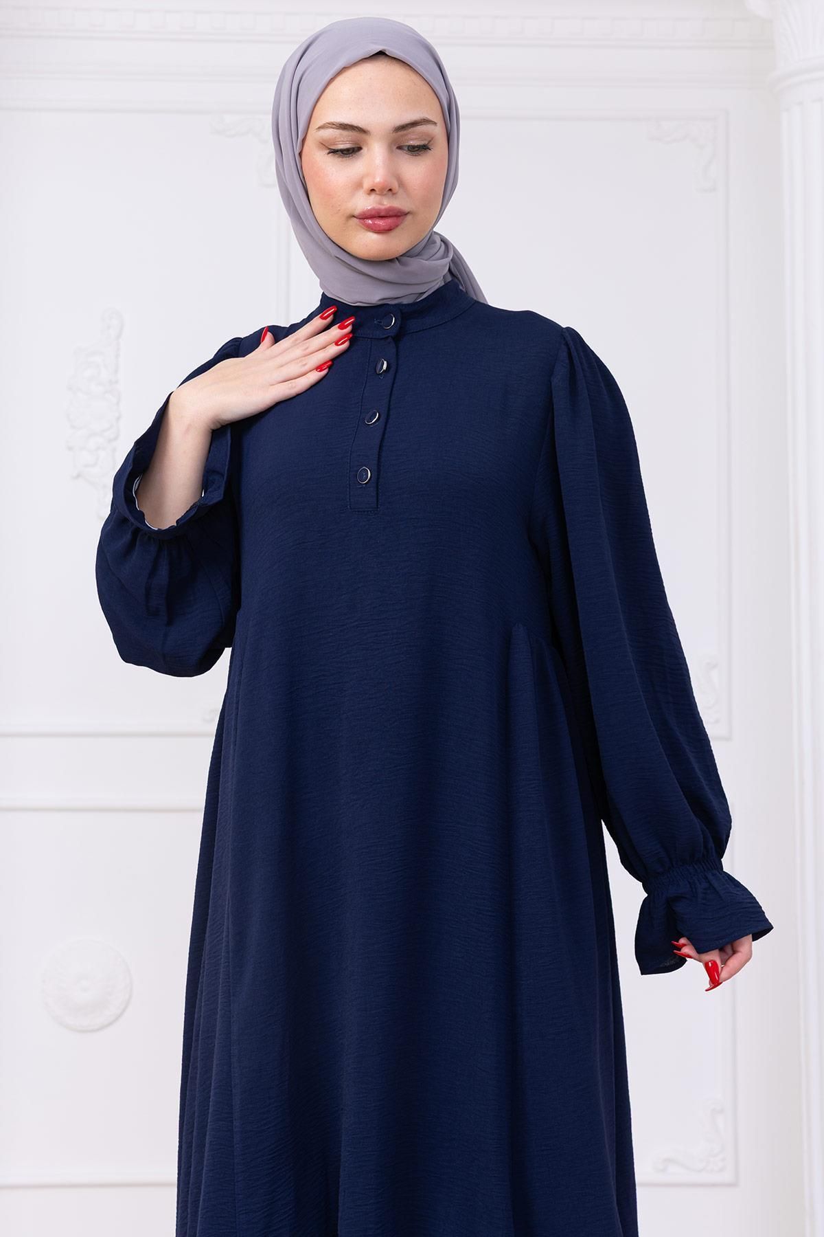 hafsamina Kolları Lastikli Eva Tesettür Elbise Lacivert HM2758