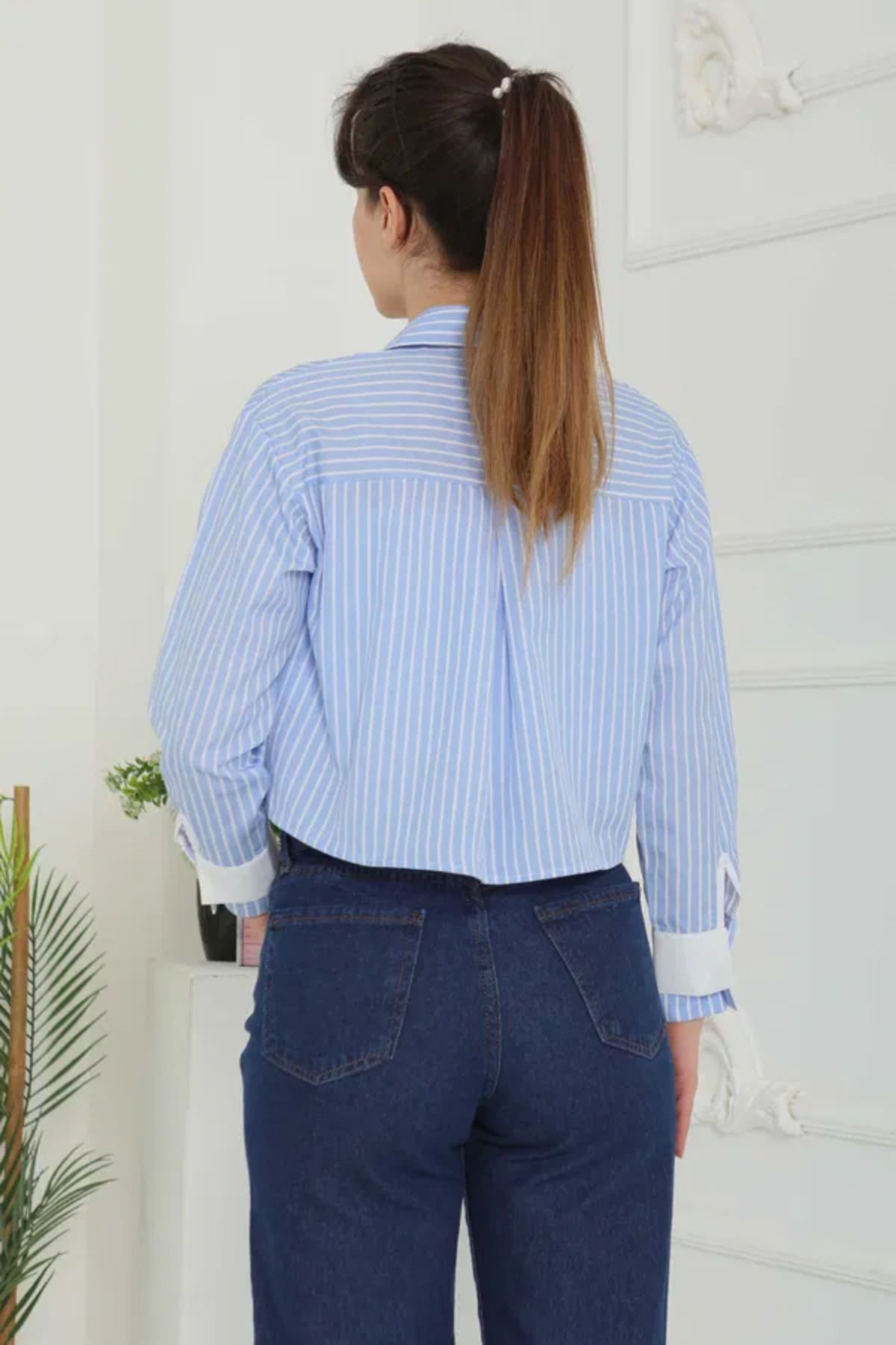 Butik Çizgili Cepli Kısa Gömlek