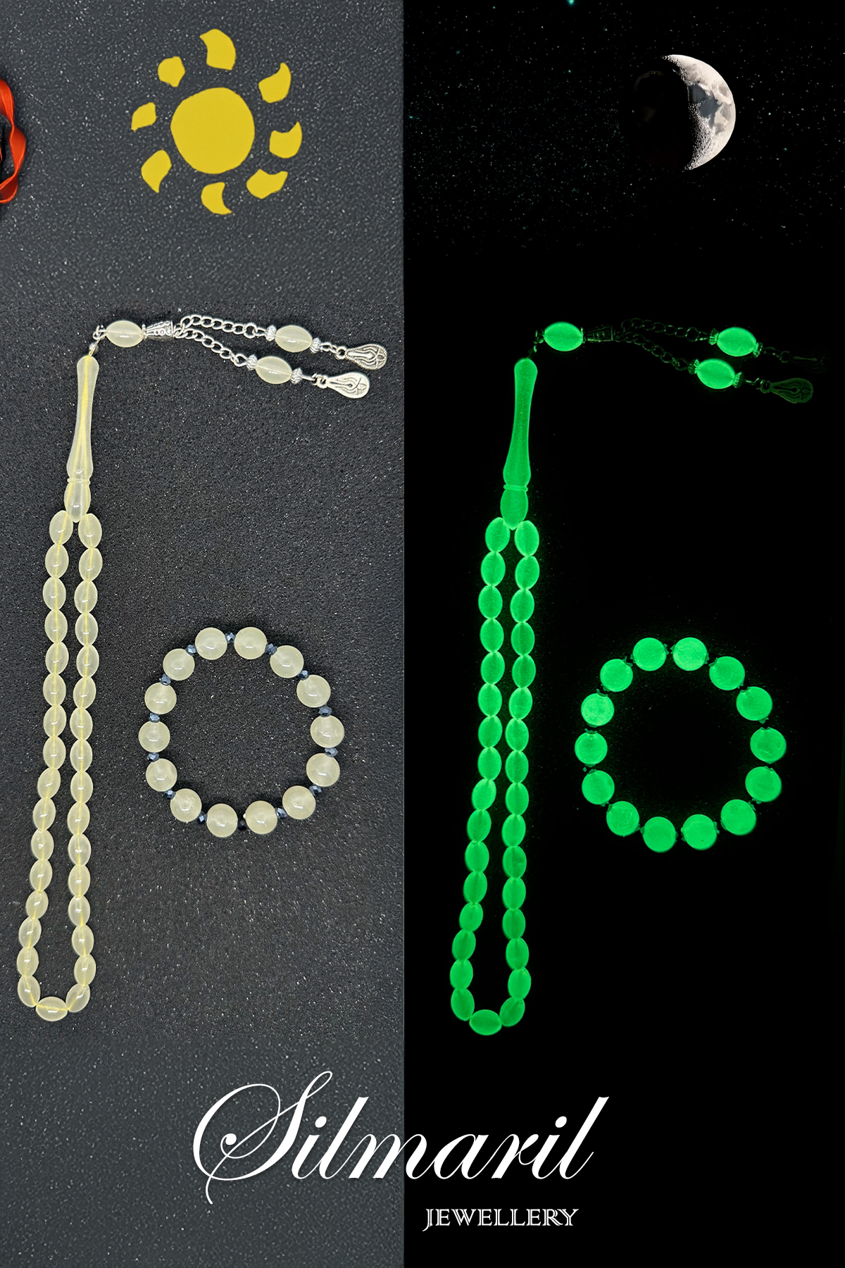 Zarafet ve Işıltının Mükemmel Uyumu – Fosforlu Kedi Gözü Tespih & Bileklik Seti